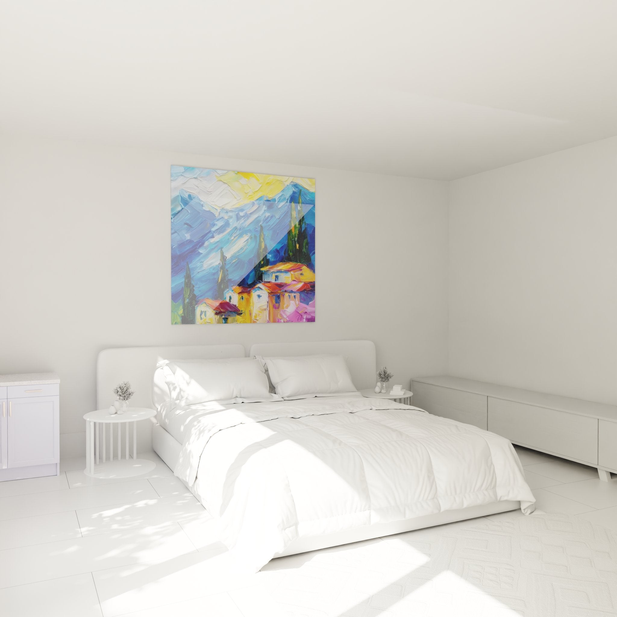 Ambiance chambre avec tableau village méditerranéen montagne, décoration murale cyprès et maisons provençales