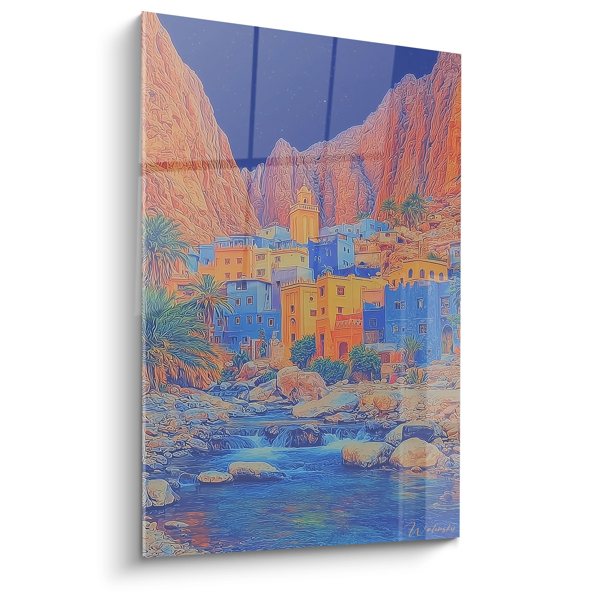Tableau village montagnard coloré dans canyon aux parois rocheuses avec rivière - édition gorges