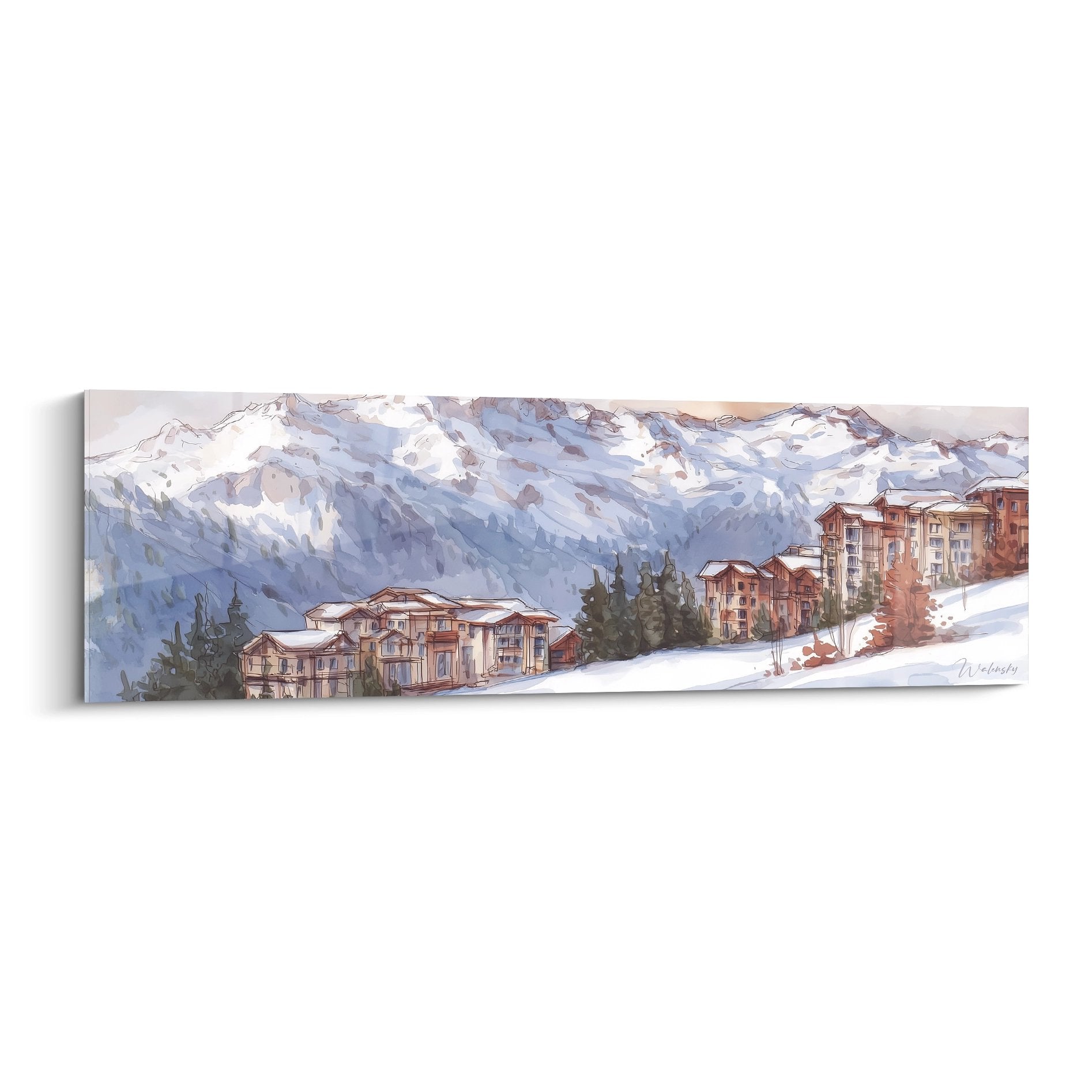 Tableau mural village montagne enneigé avec chalets colorés et sommets alpins panoramique