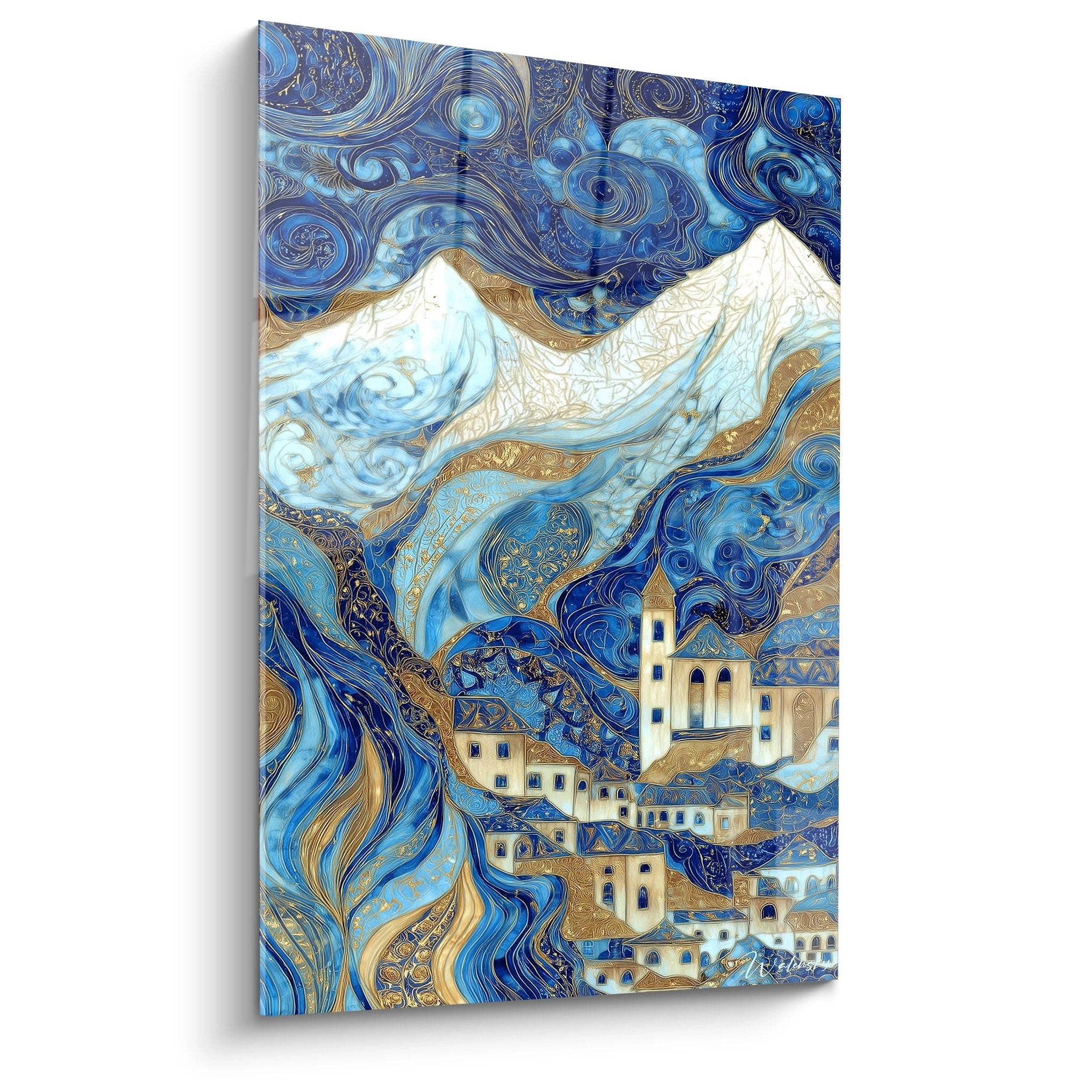 Tableau mural village de montagne nocturne style byzantin avec ciel étoilé bleu et or