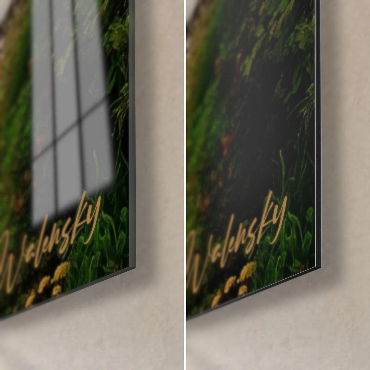 Wall art English village, bottom right corner: glossy acrylic glass on the left, matte Dibond aluminium on the right, deep green, 3 mm thickness