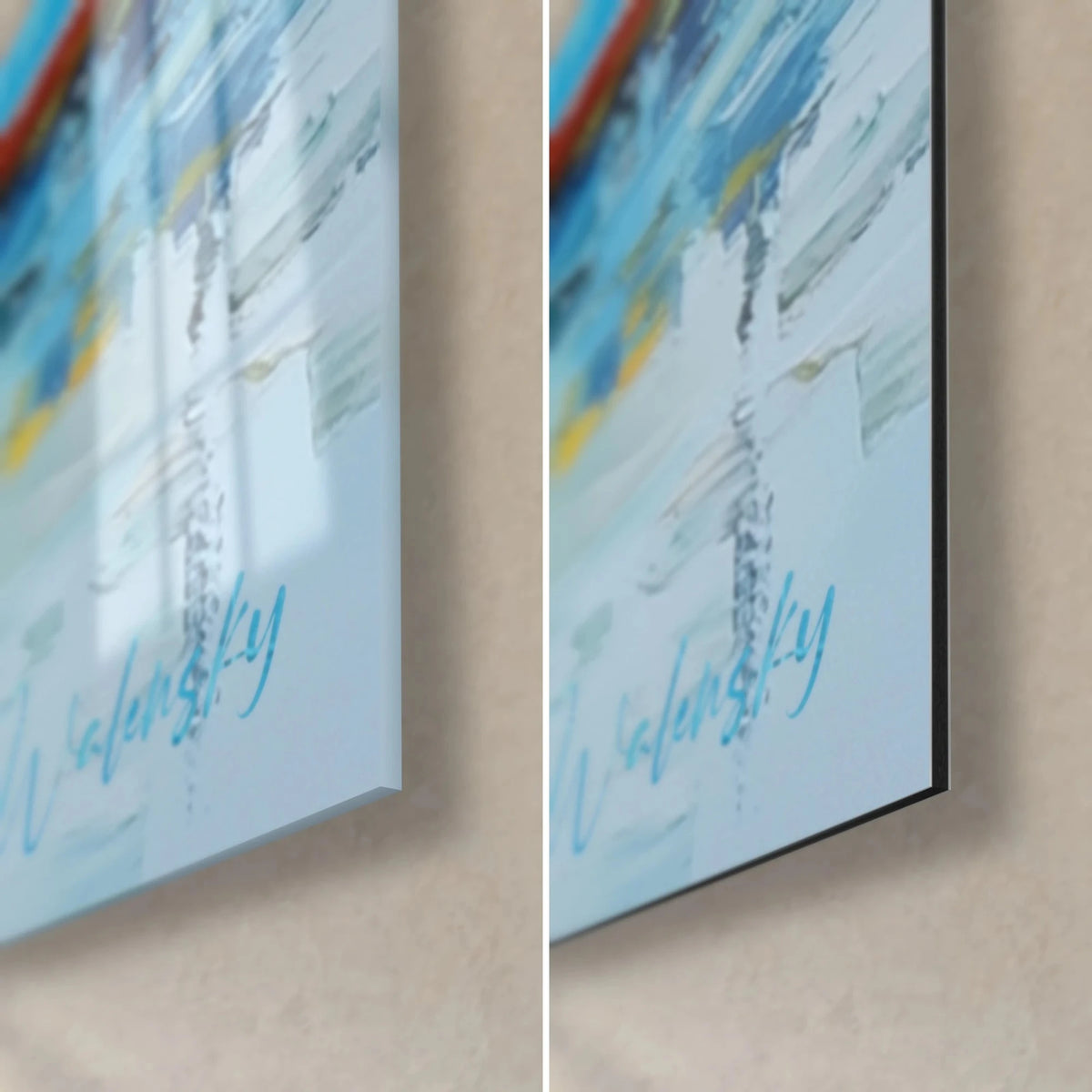 Tableau port aux barques colorées, coin bas droit en reflets bleu turquoise et signature Walensky, tranche de 3 mm, verre brillant et Dibond mat