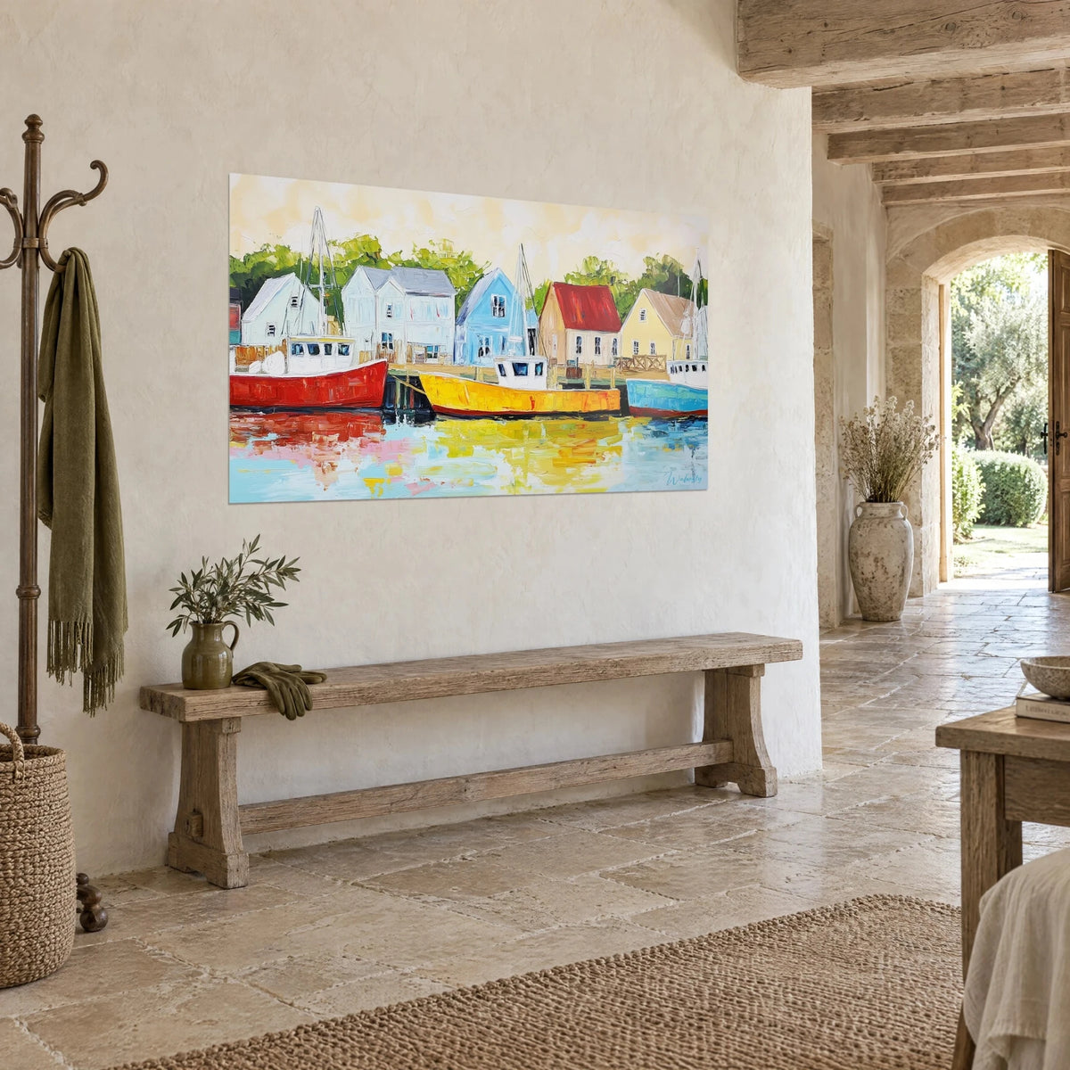 Tableau maisonnettes de pêcheurs au toit rouge et bleu ciel, reflets safran dans l'eau, sur un mur de pierre en trois-quarts