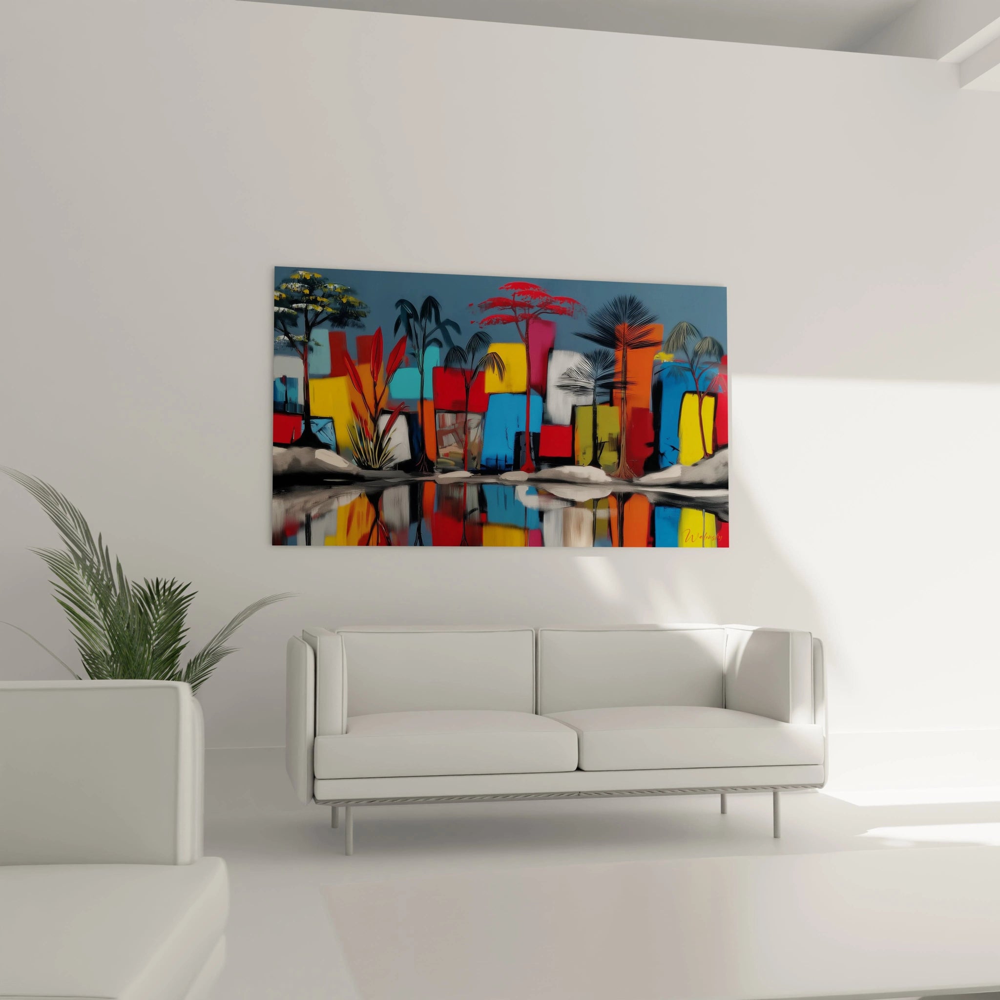 Tableau mural paysage africain moderne avec des couleurs vives et un reflet sur l'eau
