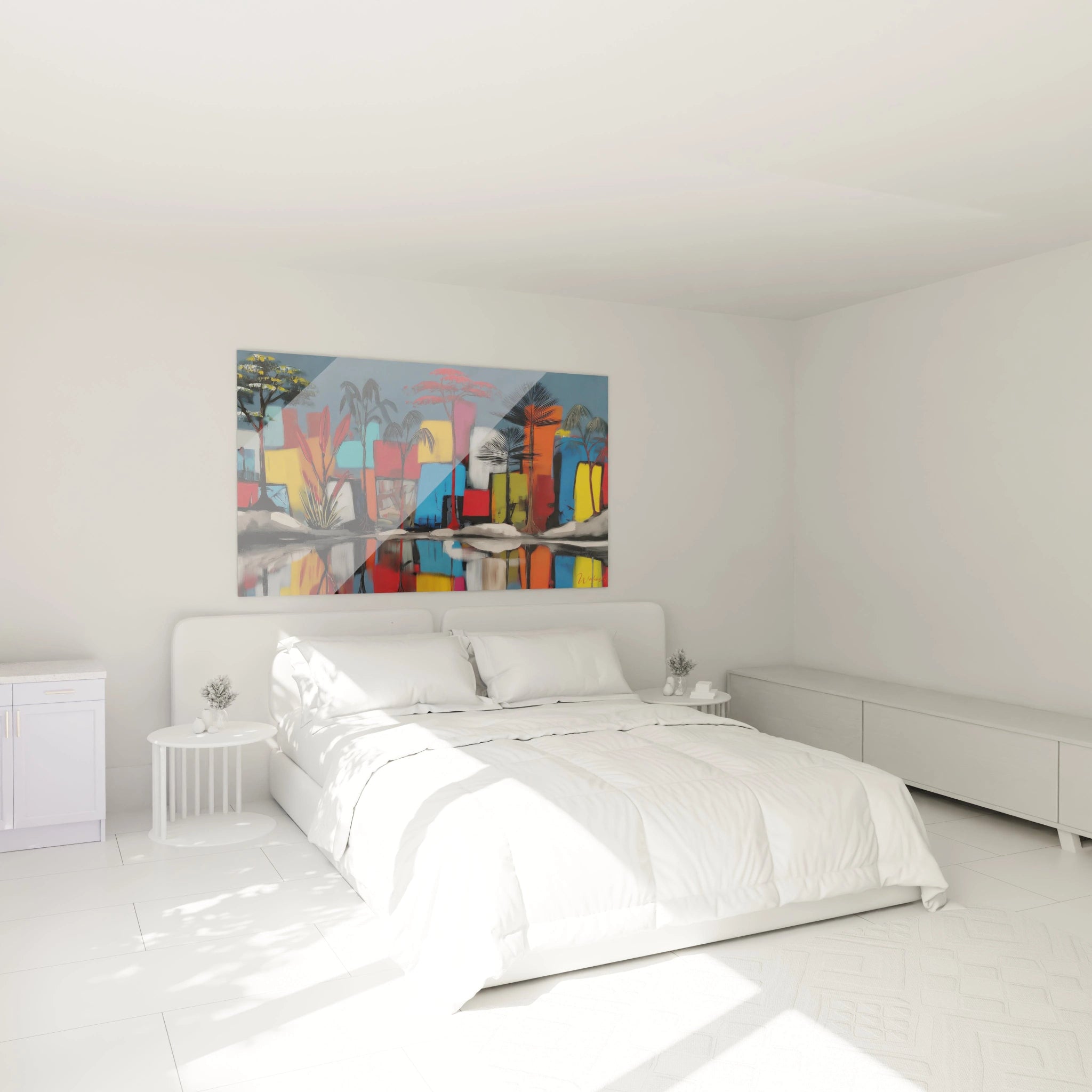 Tableau paysage africain moderne de Walensky, affiché dans une chambre lumineuse avec un lit blanc