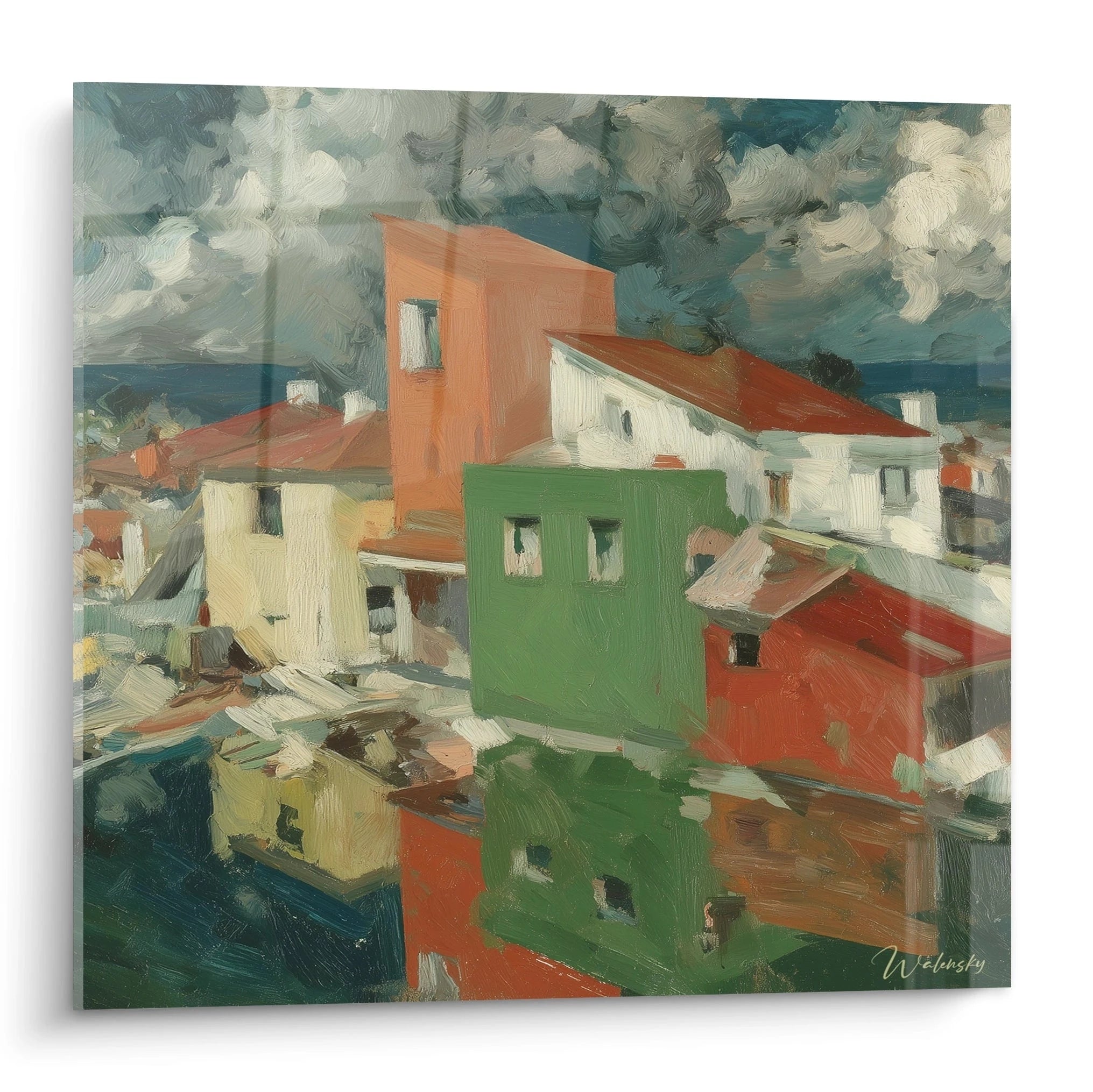 tableau mural village dadaïsme Walensky montrant maisons colorees et reflets sur l eau dans un port sous ciel nuageux