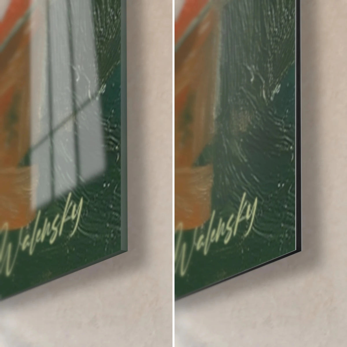 Gemälde mediterranes Dorf in Öl gemalt, untere rechte Ecke: glänzendes Glas, mattes graugrünes Dibond, 3 mm Kante
