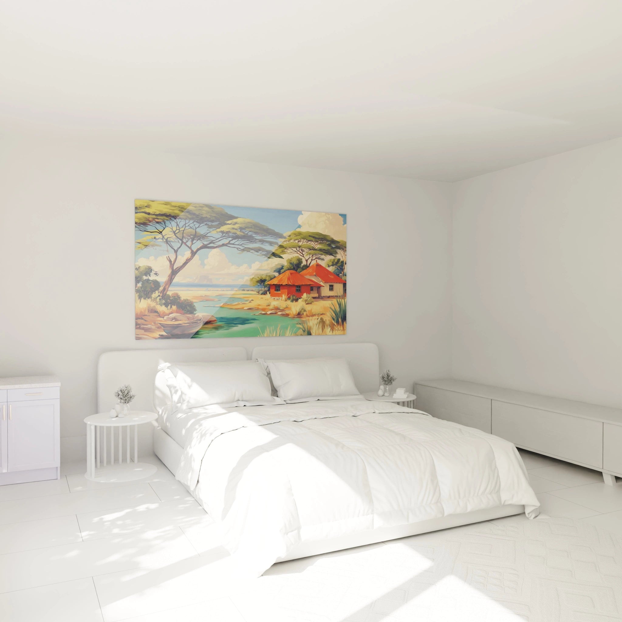 Tableau mural paysage africain avec une maison rouge au bord de l'eau dans une chambre lumineuse