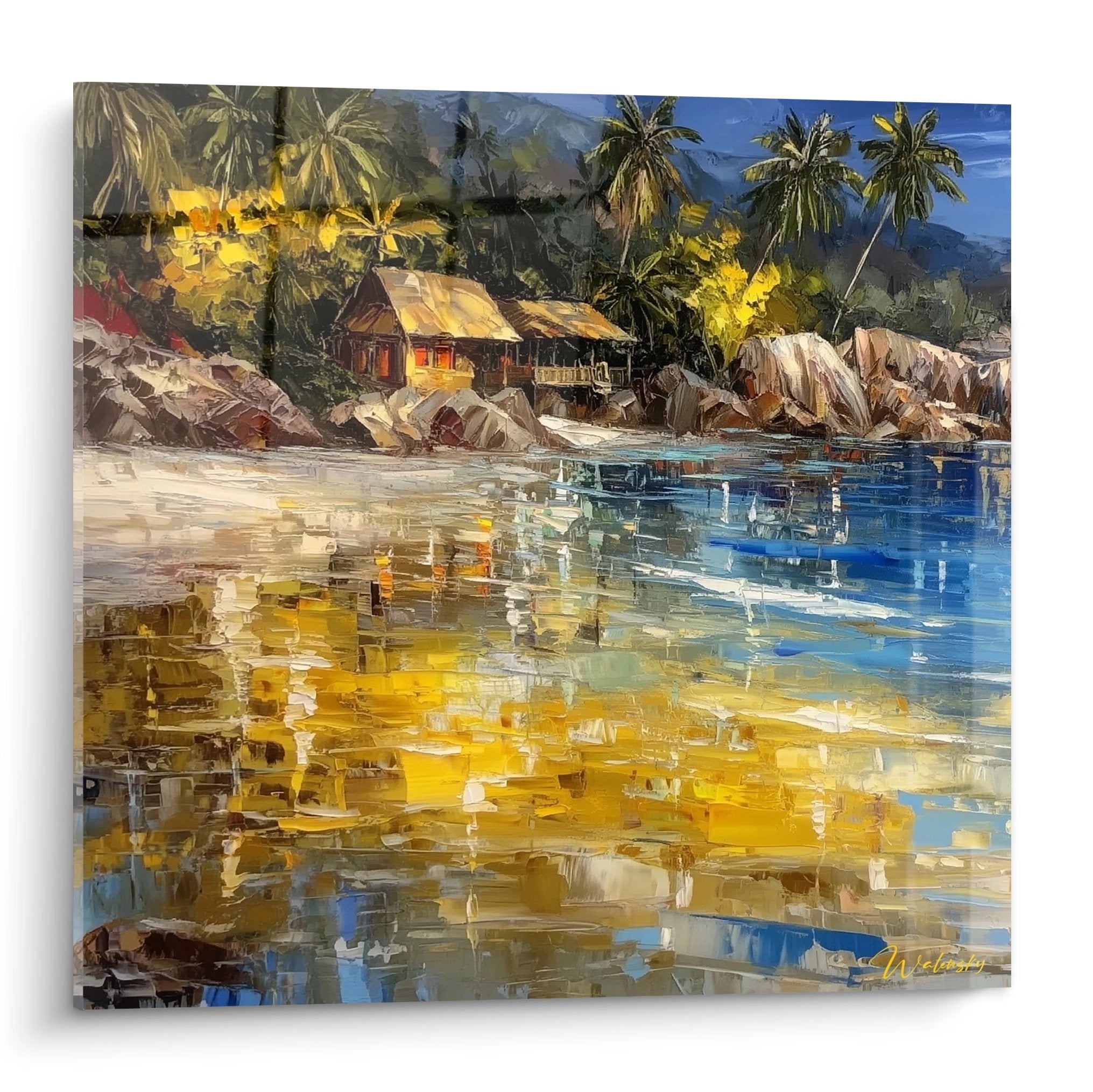 Tableau village tropical reflets dorés maisons pilotis palmiers eau turquoise art plage