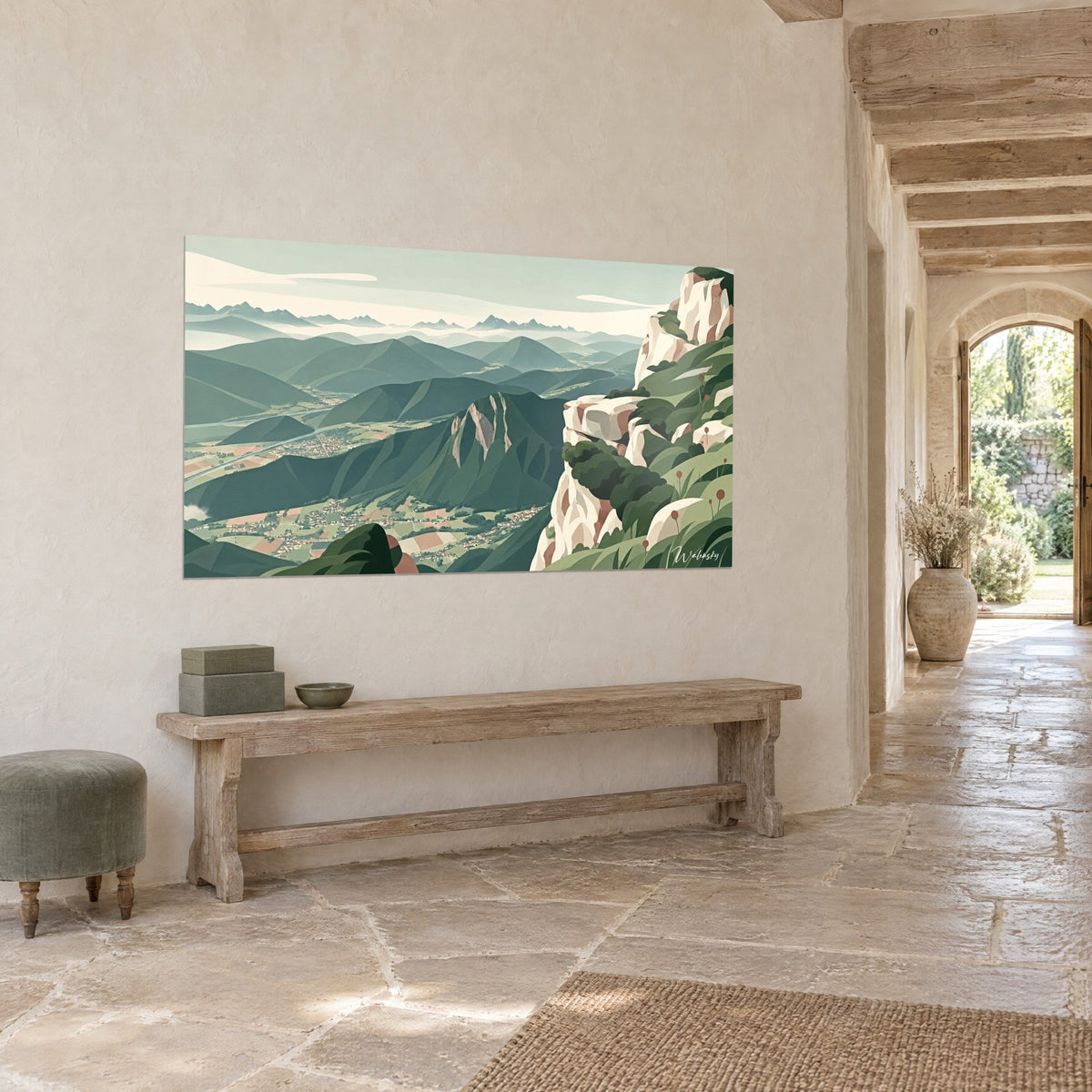 Tableau panorama de montagnes bleutées, rocher rosé à droite et villages en damier, dans une entrée en pierre claire
