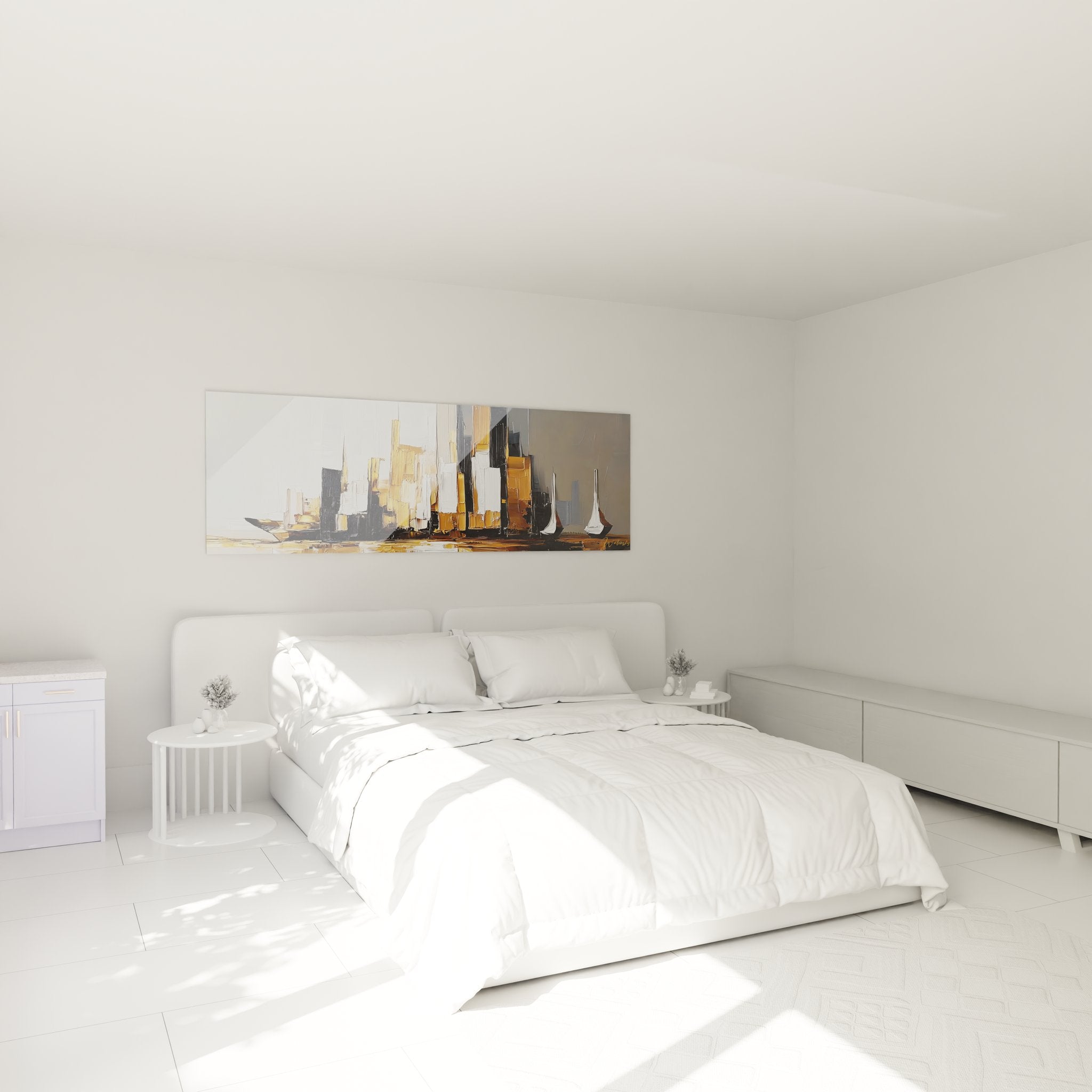 Tableau ville abstraite dorée dans ambiance chambre moderne avec décoration murale contemporaine