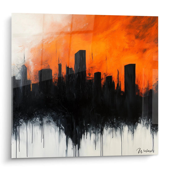 Tableau New York moderne avec silhouette de gratte-ciel en noir sur fond orange et blanc par Walensky