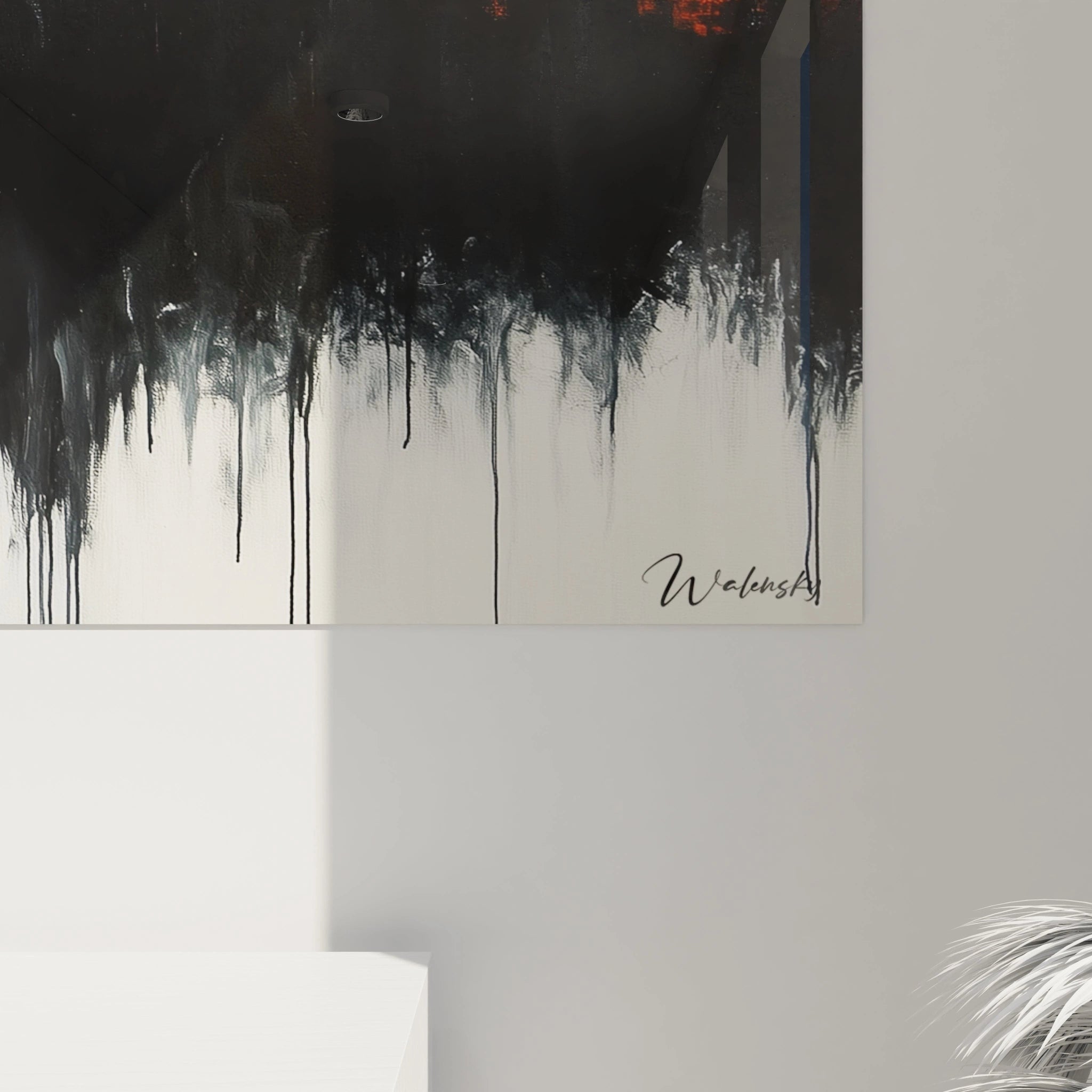 Détail du tableau New York abstrait signé Walensky avec peinture noire et touches de rouge