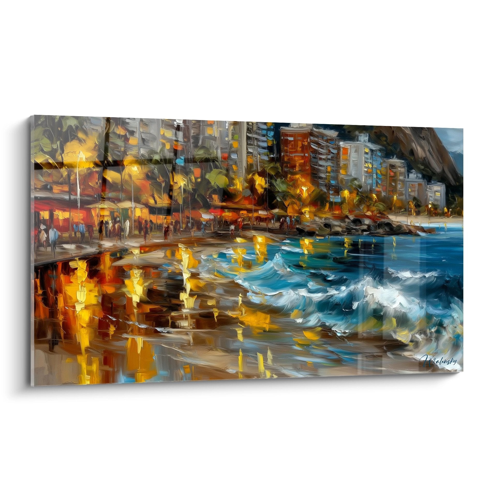 Tableau ville côtière illuminée avec reflets dorés sur l'eau et immeubles modernes