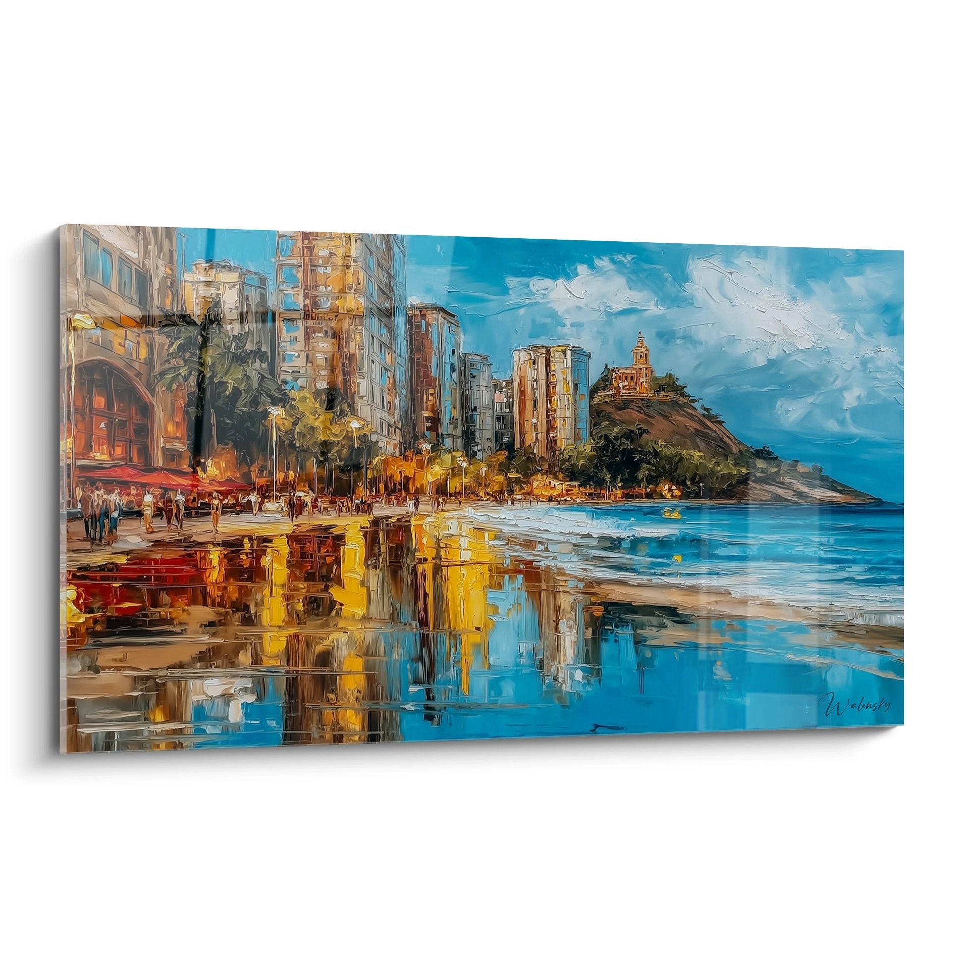 Tableau mural ville côtière avec reflets dorés et immeubles modernes en bord de mer