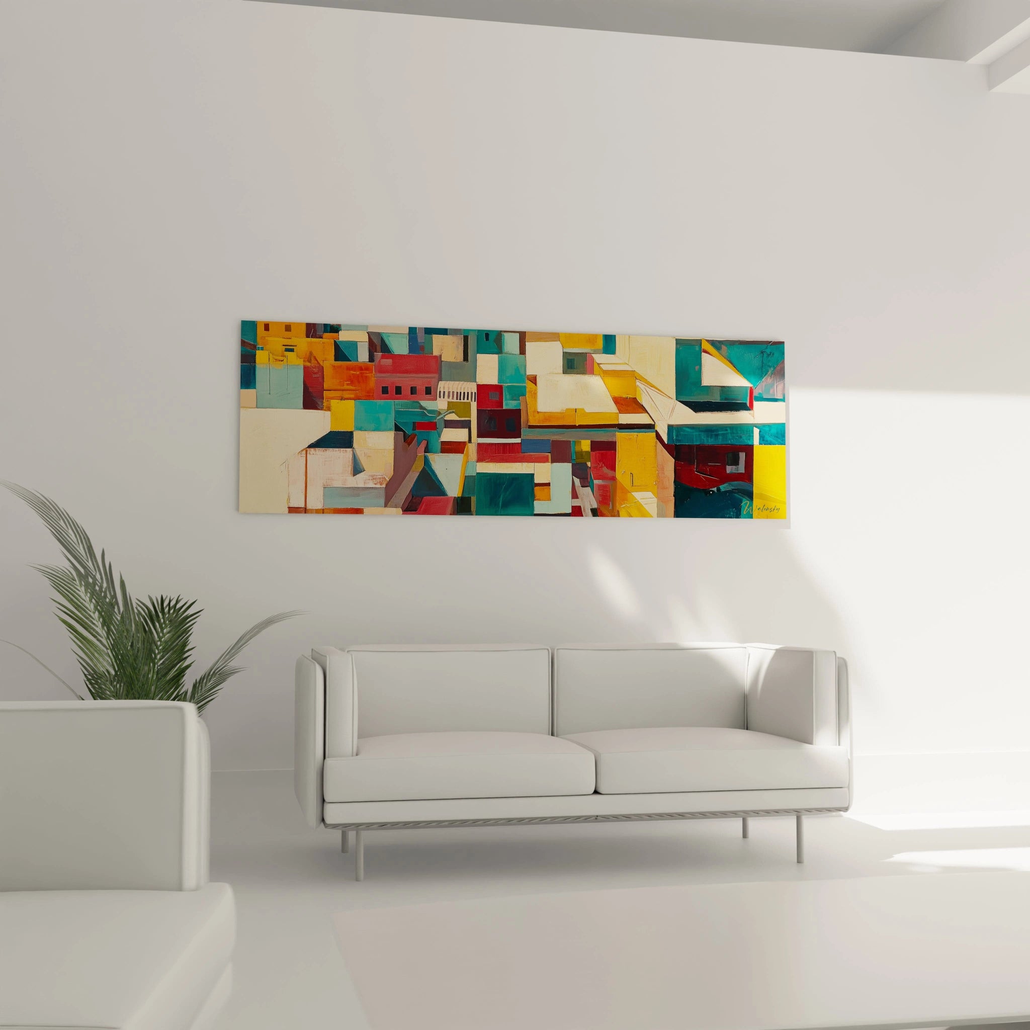 Un tableau géométrique illustrant un paysage urbain abstrait aux couleurs méditerranéennes, structuré en sections rectangulaires turquoise, jaune et rouge, avec des surfaces planes et des transitions nettes entre les zones colorées.
