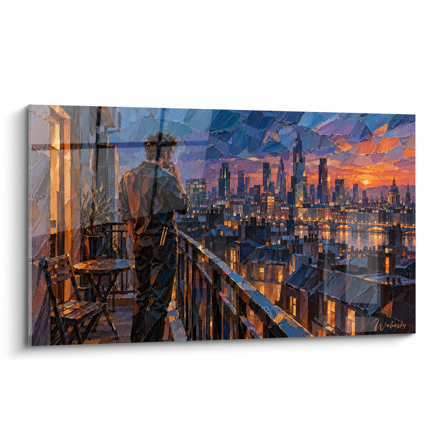 Tableau Homme au balcon face aux toits orangés - Pause au crépuscule - Edition Ville de nuit