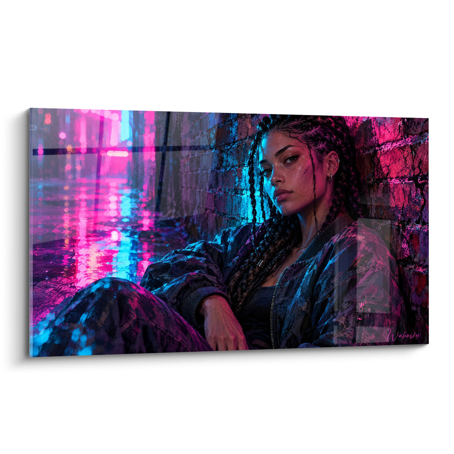 Tableau Jeune femme assise ruelle rose et bleue - Pause électrique - Edition Ville de nuit