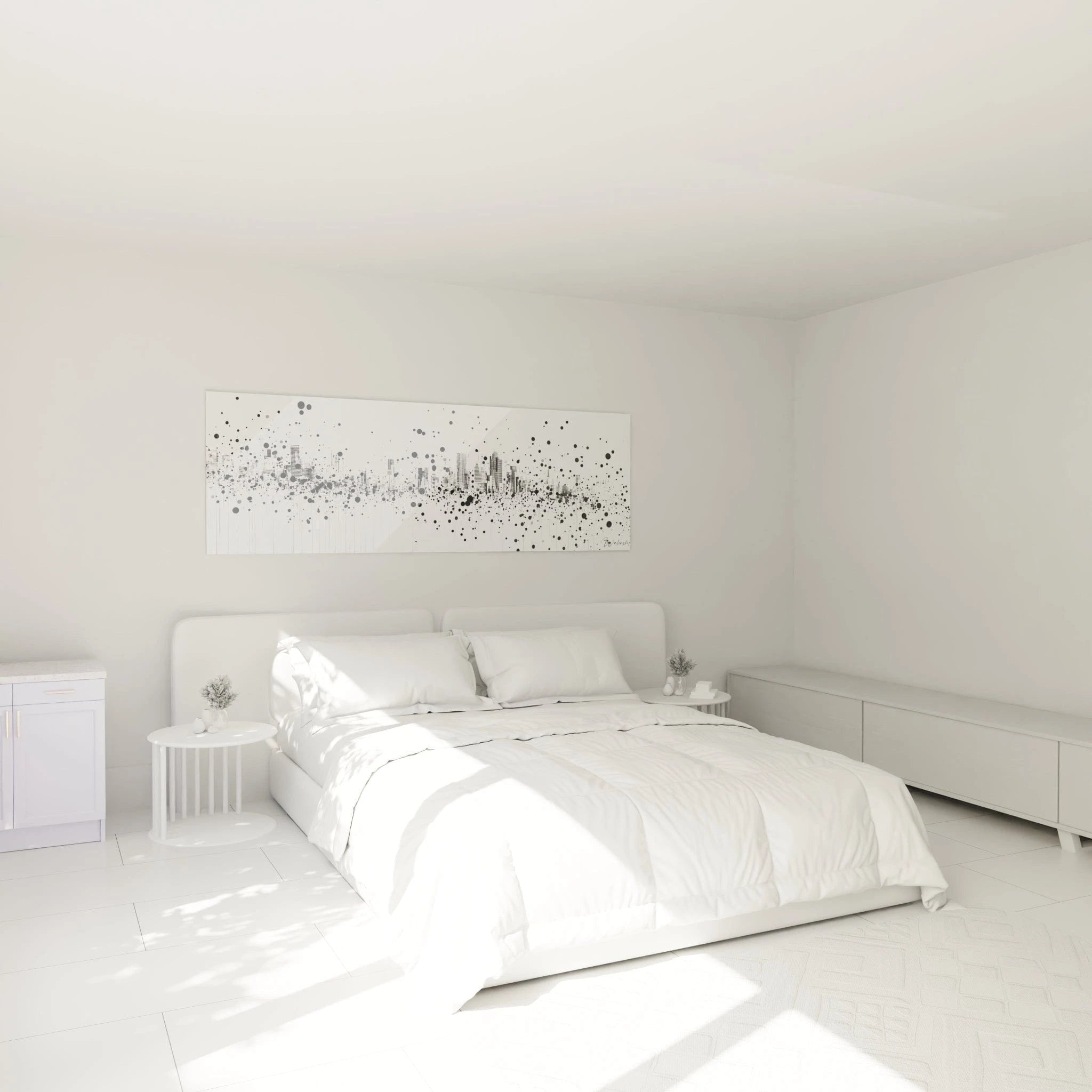Tableau tacheté noir et blanc Walensky décorant une chambre lumineuse et moderne