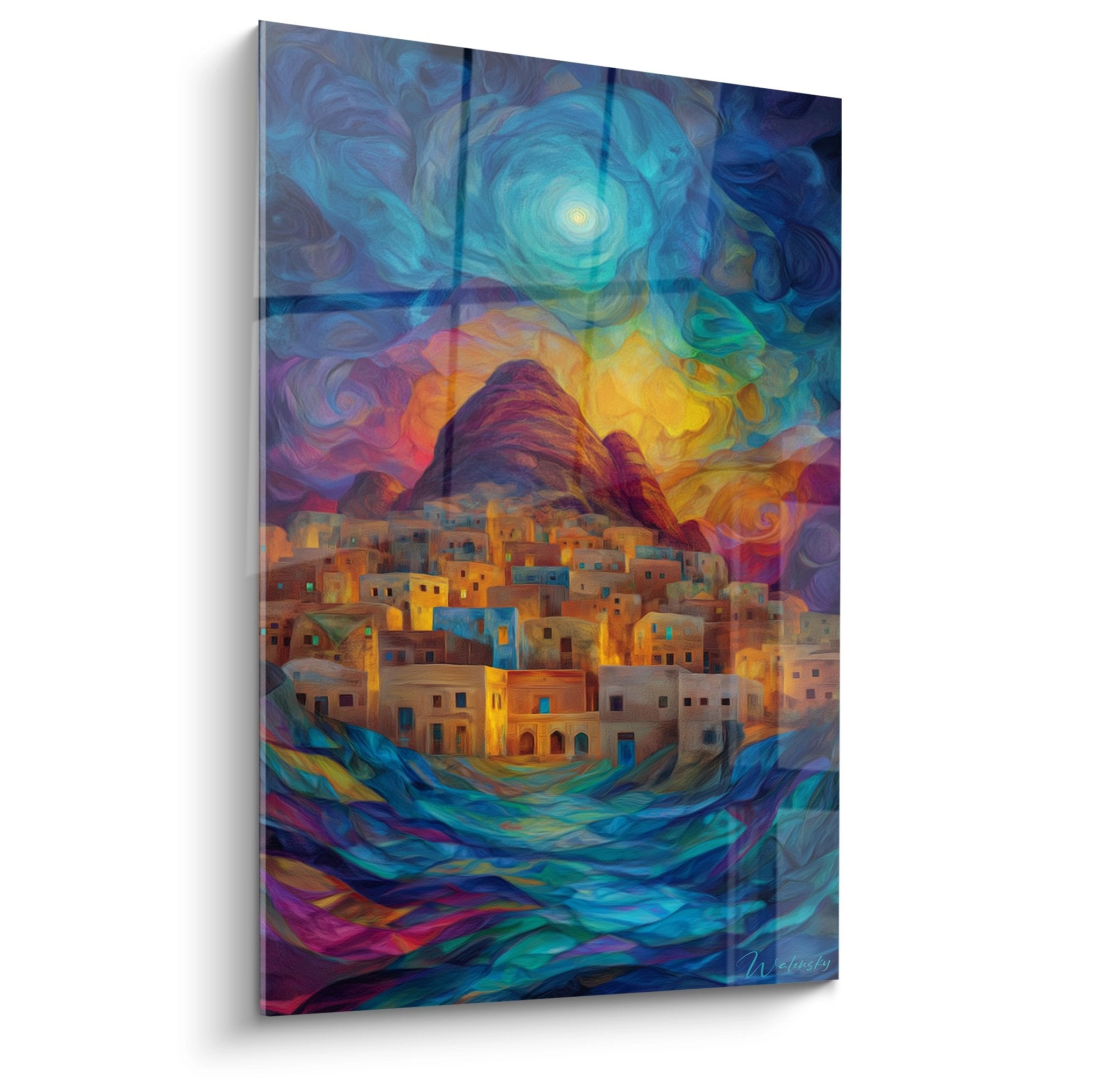 Tableau ville du désert avec cité mystique aux couleurs vibrantes sous ciel étoilé tourbillonnant