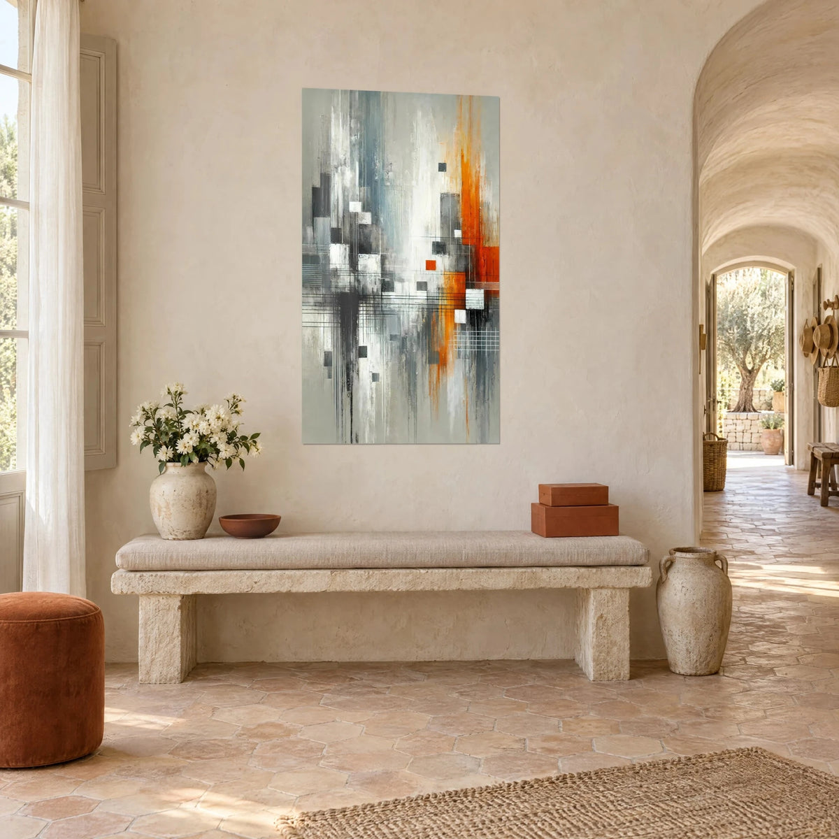 Tableau gratte-ciel stylisés en coulures bleu acier et orange vif, quadrillage fin, sur mur chaulé d'un mas provençal