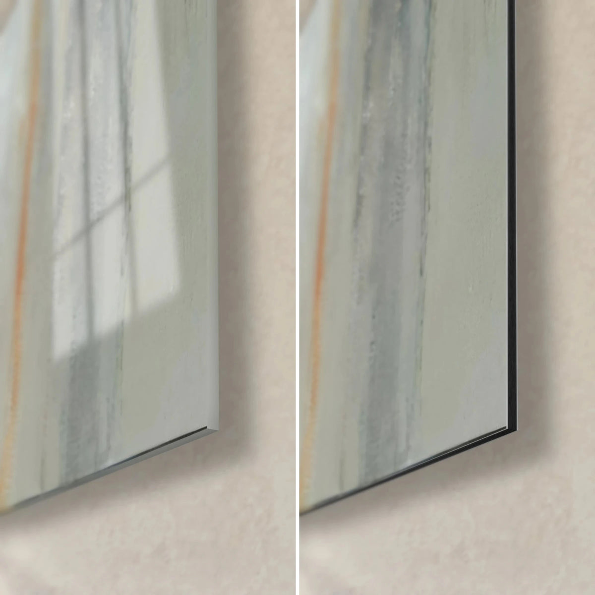 Tableau cubisme abstrait, coin bas droit : verre brillant aux reflets à gauche, Dibond noir mat à droite, tranche de 3 mm