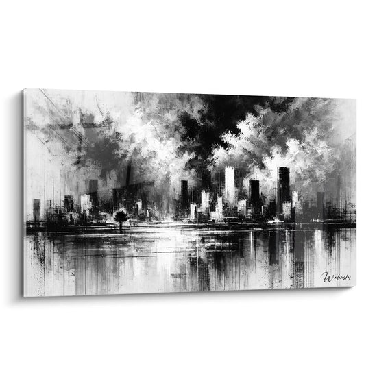 Quadro "Città Fantasma" visto di lato. Metropoli misteriosa in bianco e nero, grattacieli scuri, atmosfera apocalittica. Opera urbana contrastata, ideale per una decorazione moderna.