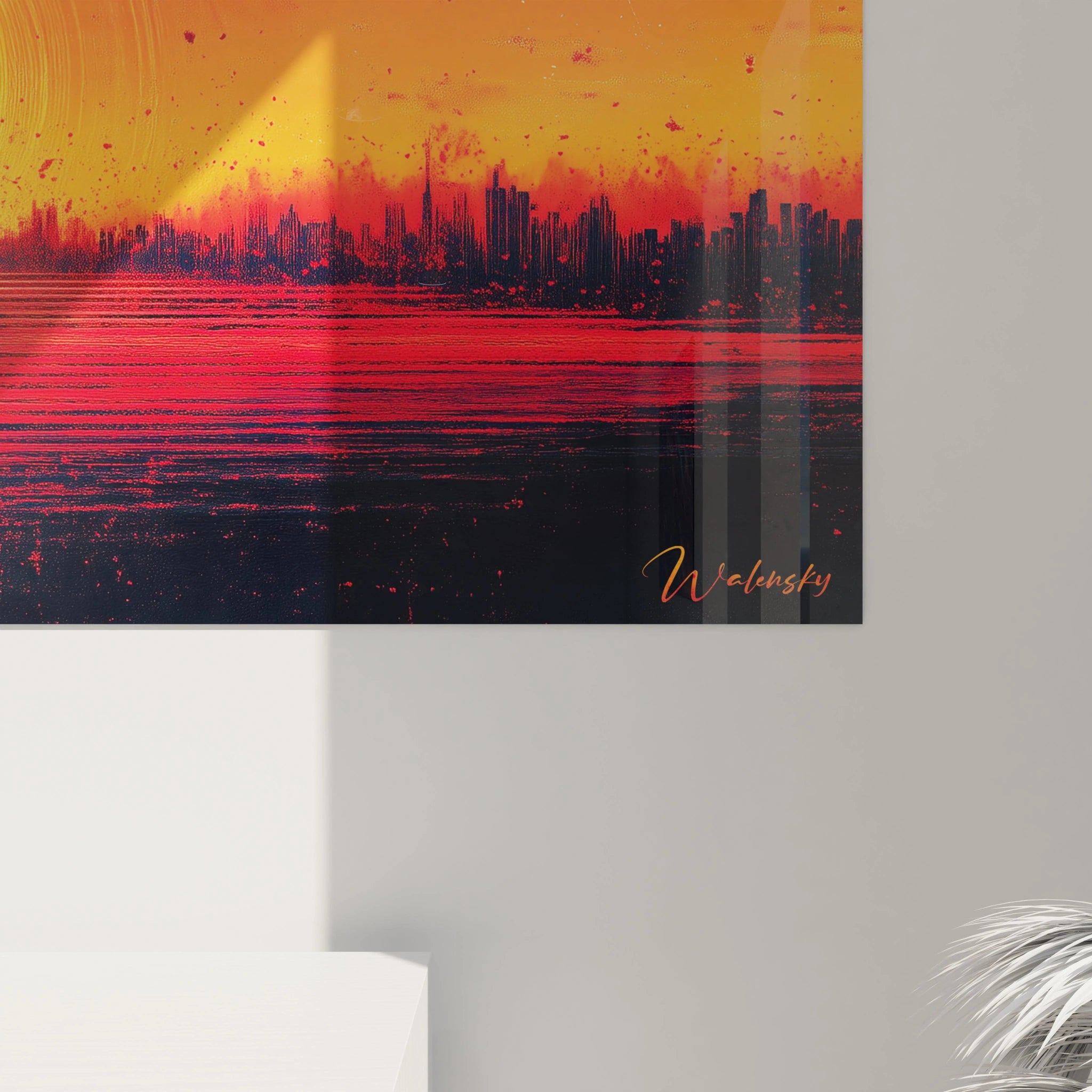 Tableau New York couleur coucher de soleil rouge et orange signé Walensky accroché au mur