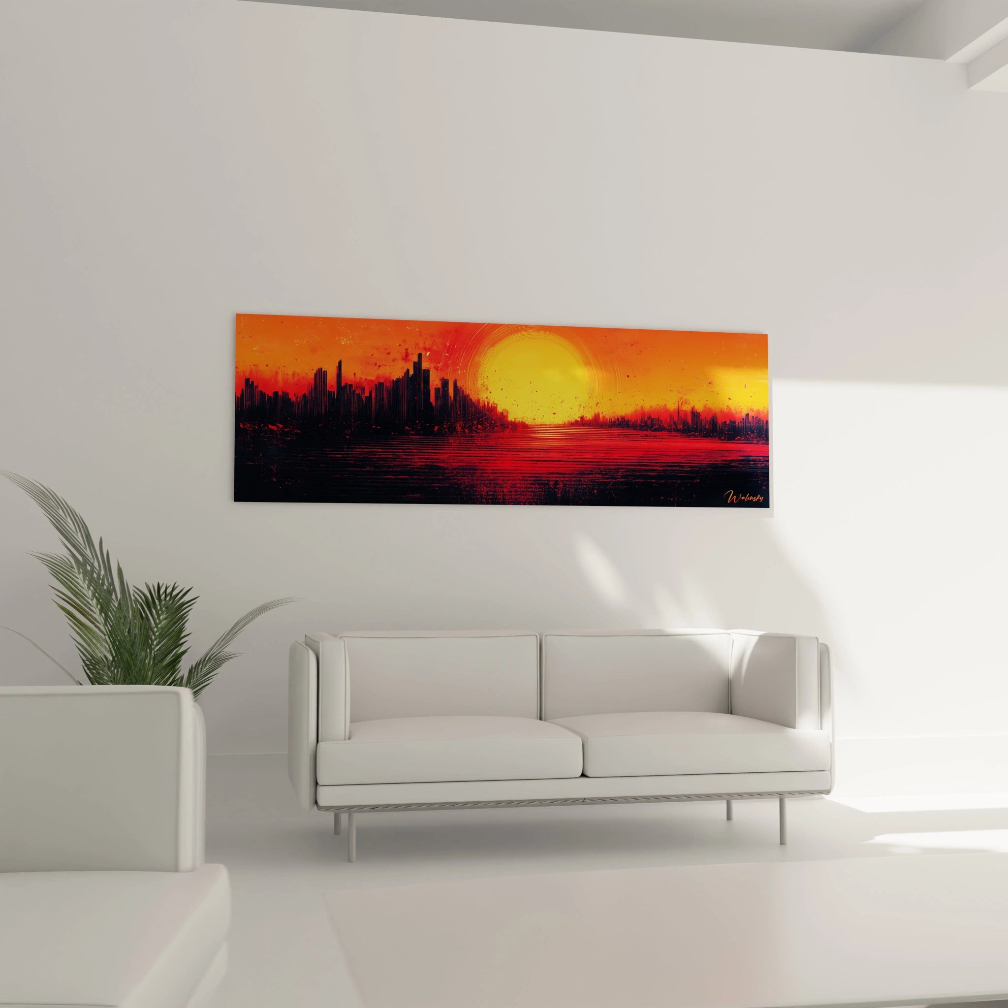Tableau New York Walensky avec coucher de soleil orange et silhouette urbaine dans un salon moderne