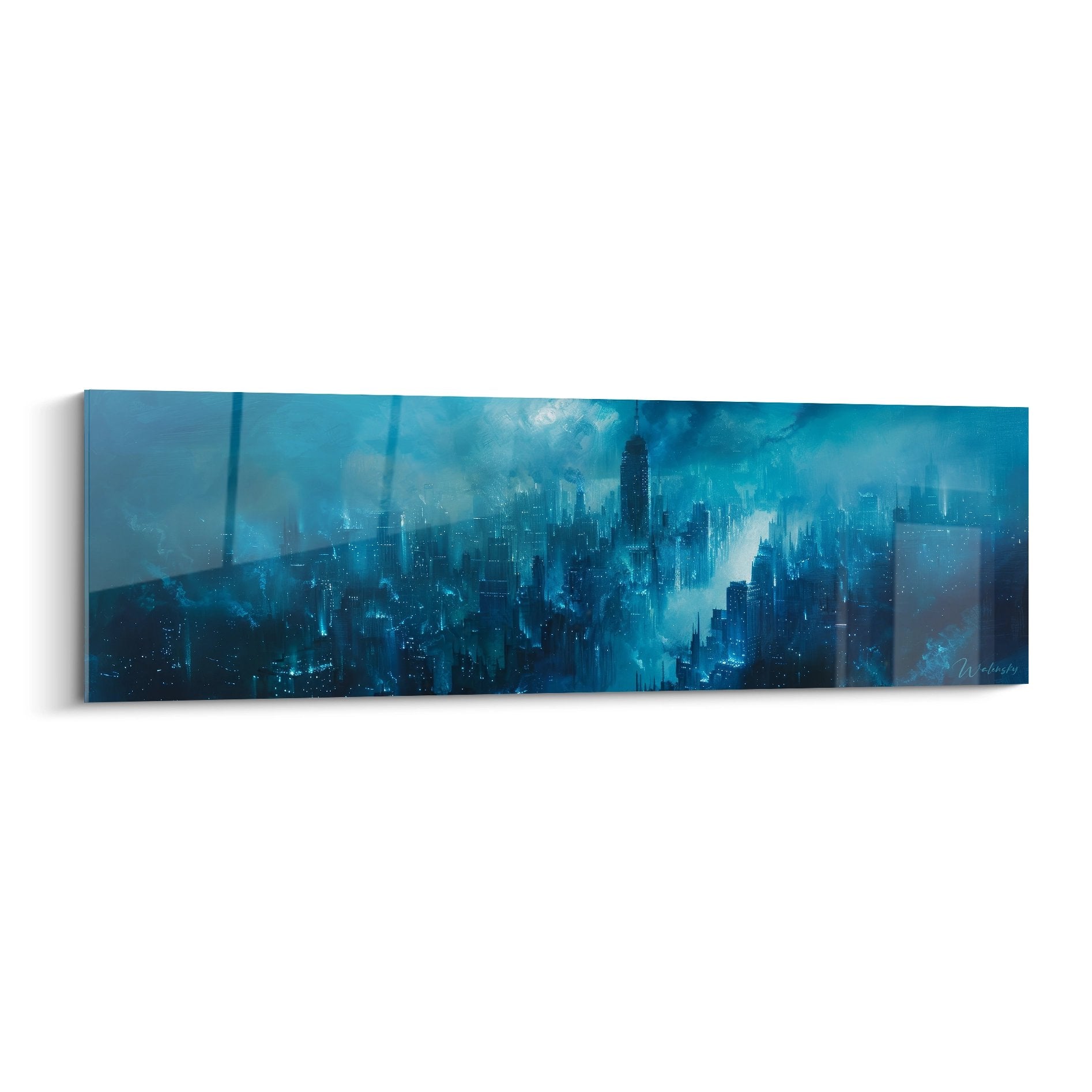 Tableau mural ville futuriste bleue avec gratte-ciels et atmosphère cyberpunk moderne