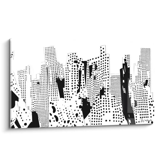 Speckled black and white wall art depicting a modern city with geometric patterns