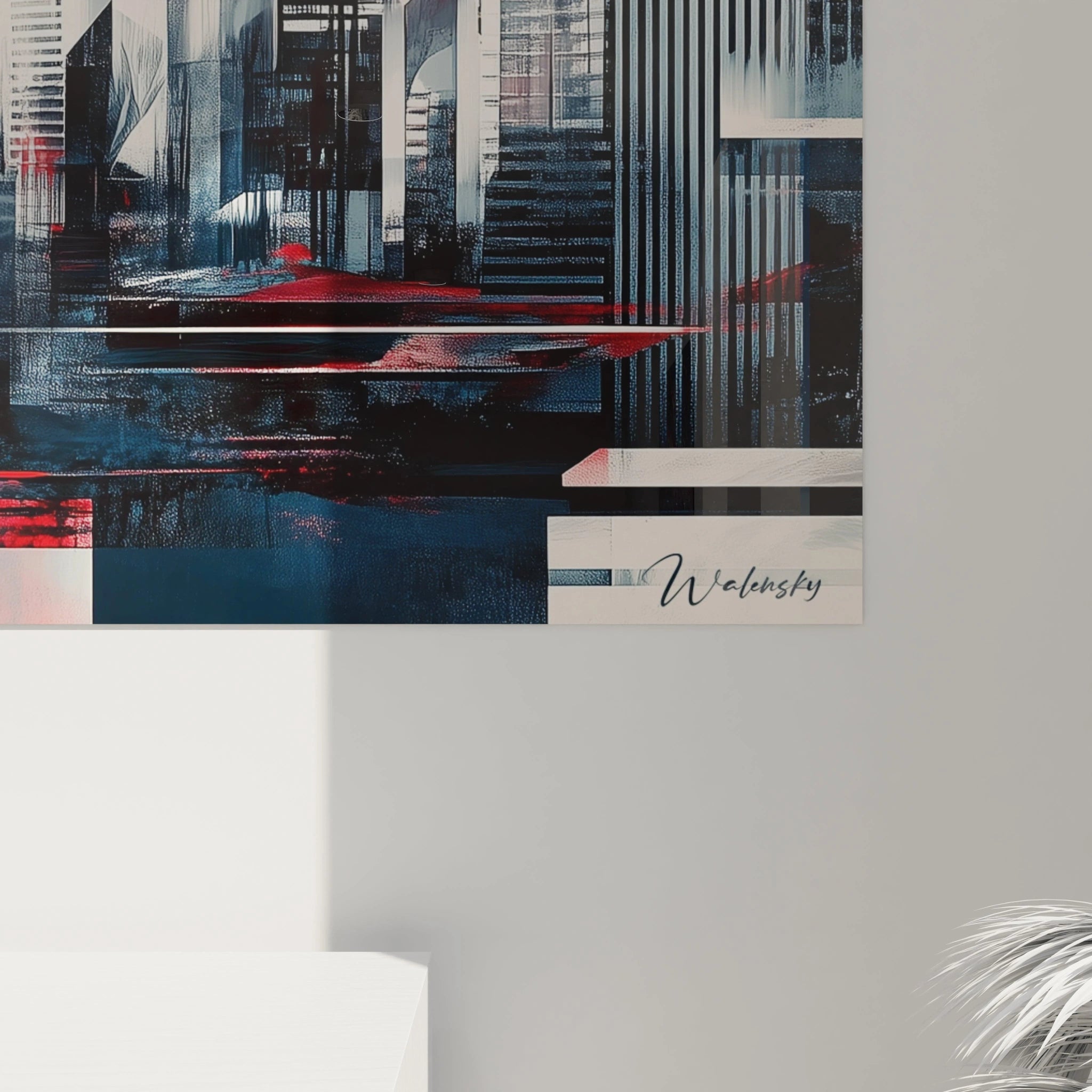 Tableau Japon abstrait signé Walensky avec motifs géométriques bleus, rouges et noirs décoratifs