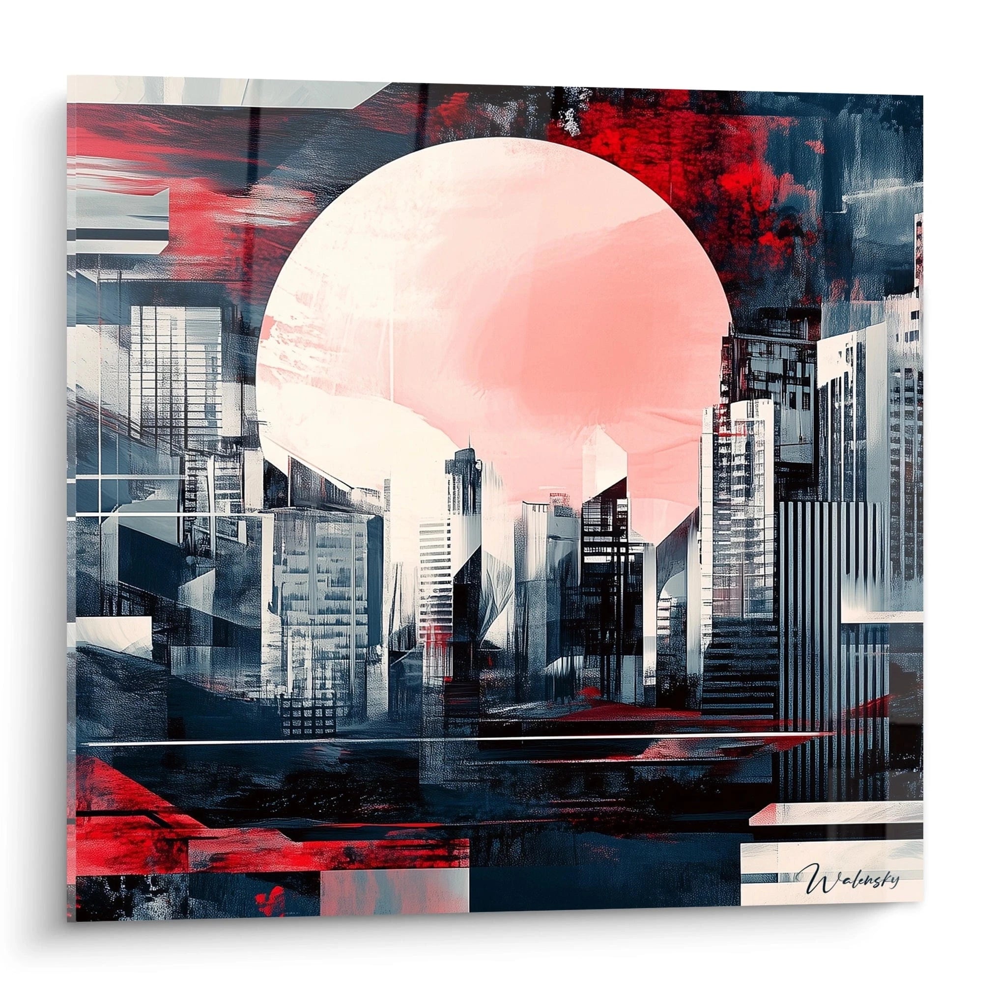 Tableau japonais Walensky paysage urbain moderne avec grand soleil rouge abstrait