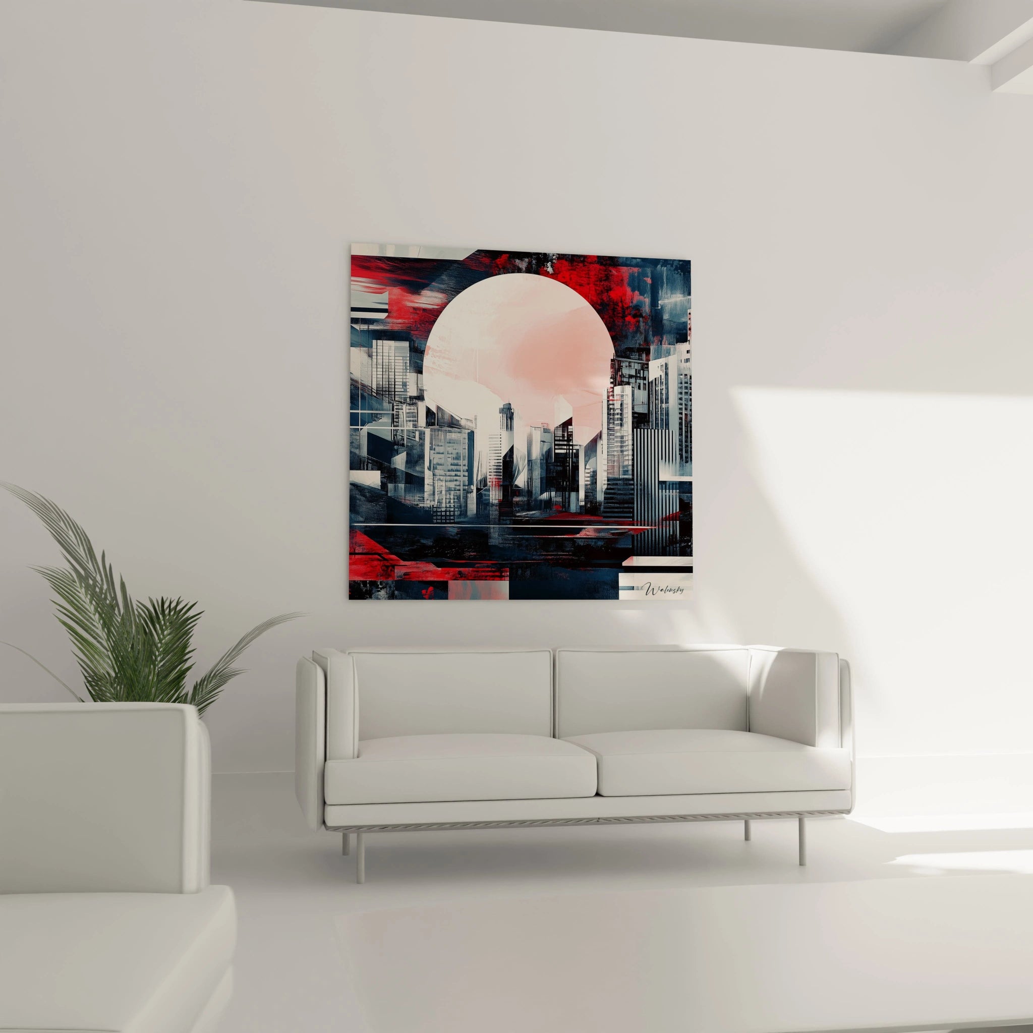 Tableau japon Walensky avec paysage urbain moderne et grand cercle rouge en décoration murale