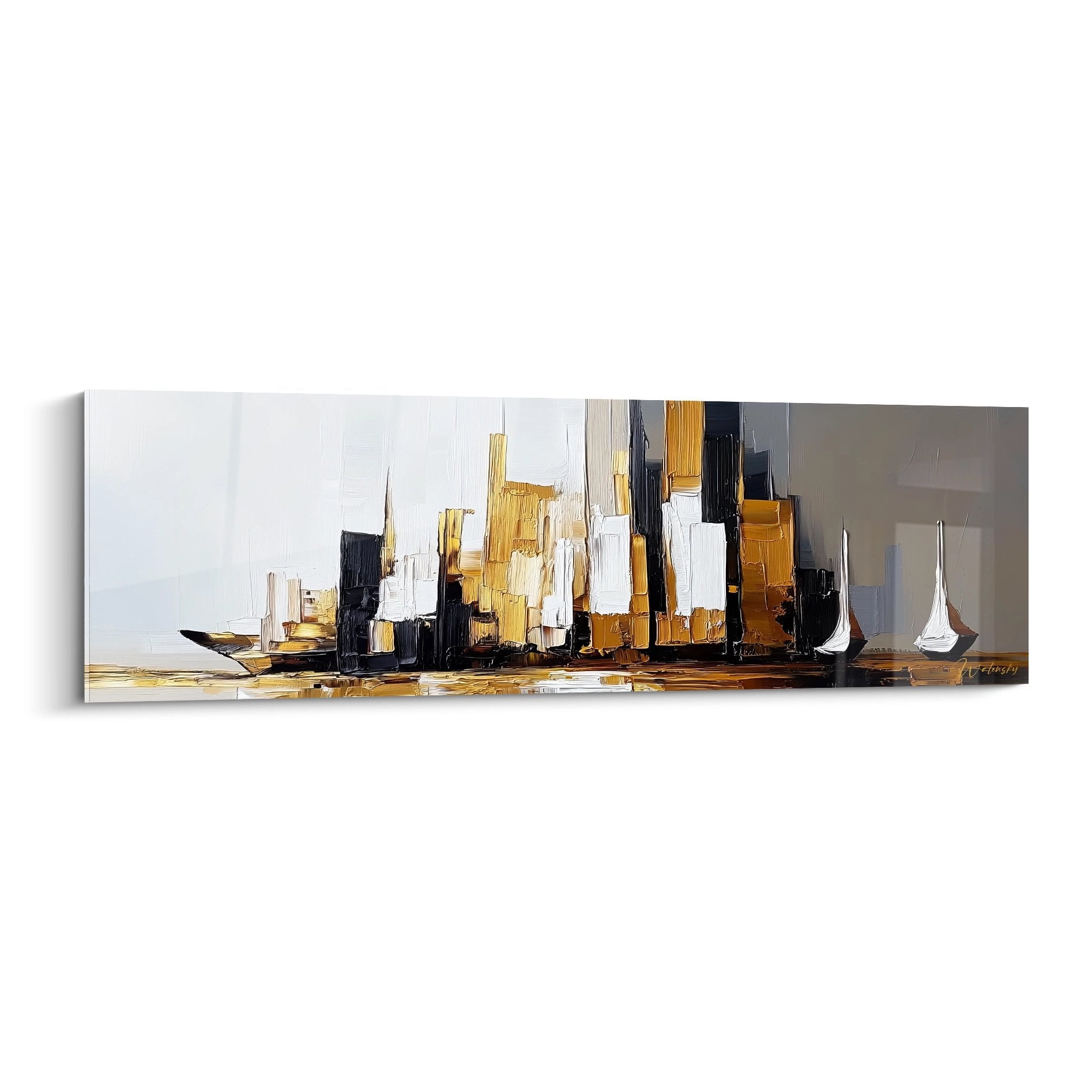 Tableau ville moderne abstraite aux tons dorés et noirs avec gratte-ciel stylisés et voiliers blancs