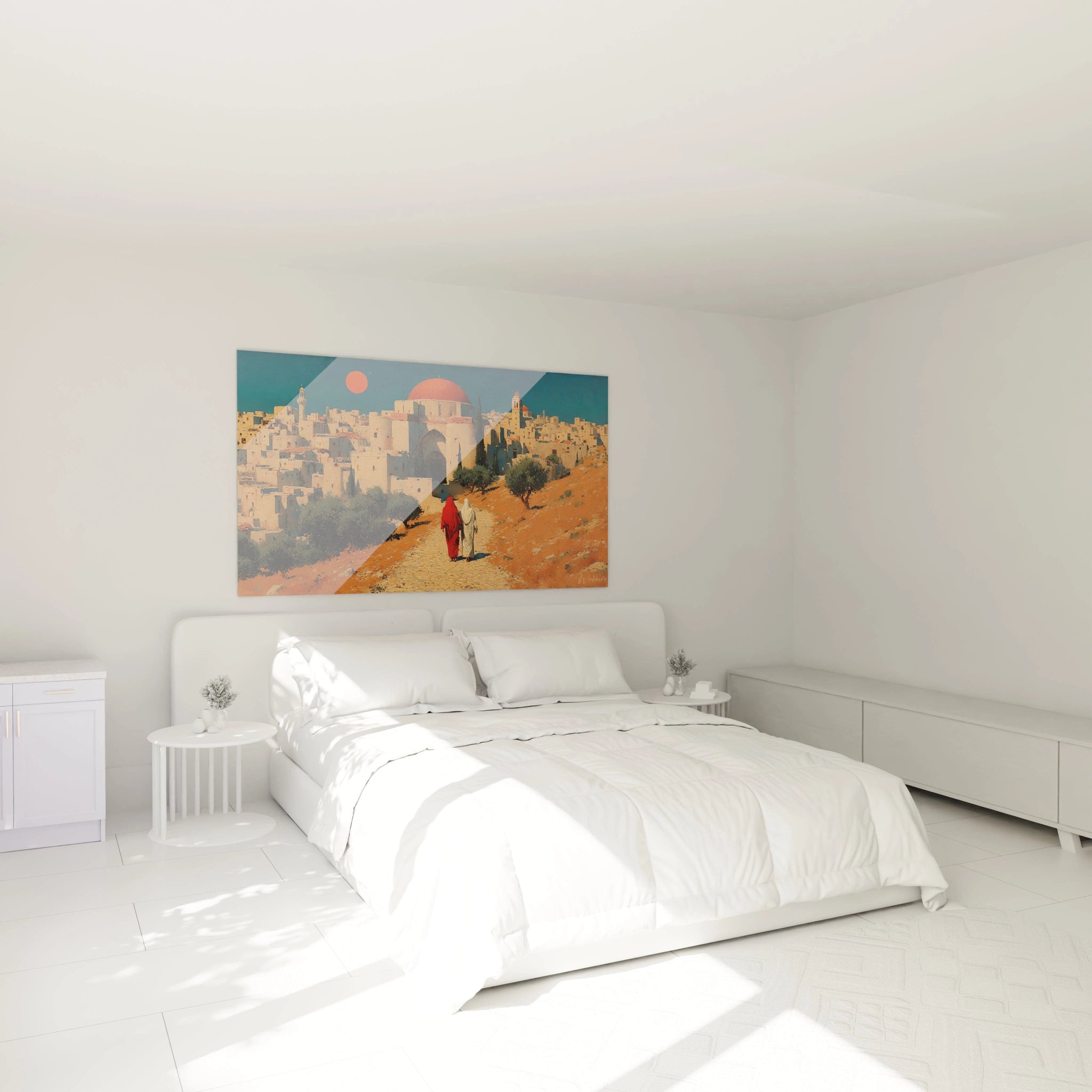 tableau ville orientale Walensky mural au dessus d un lit blanc minimaliste paysage oriental avec deux personnages marchant