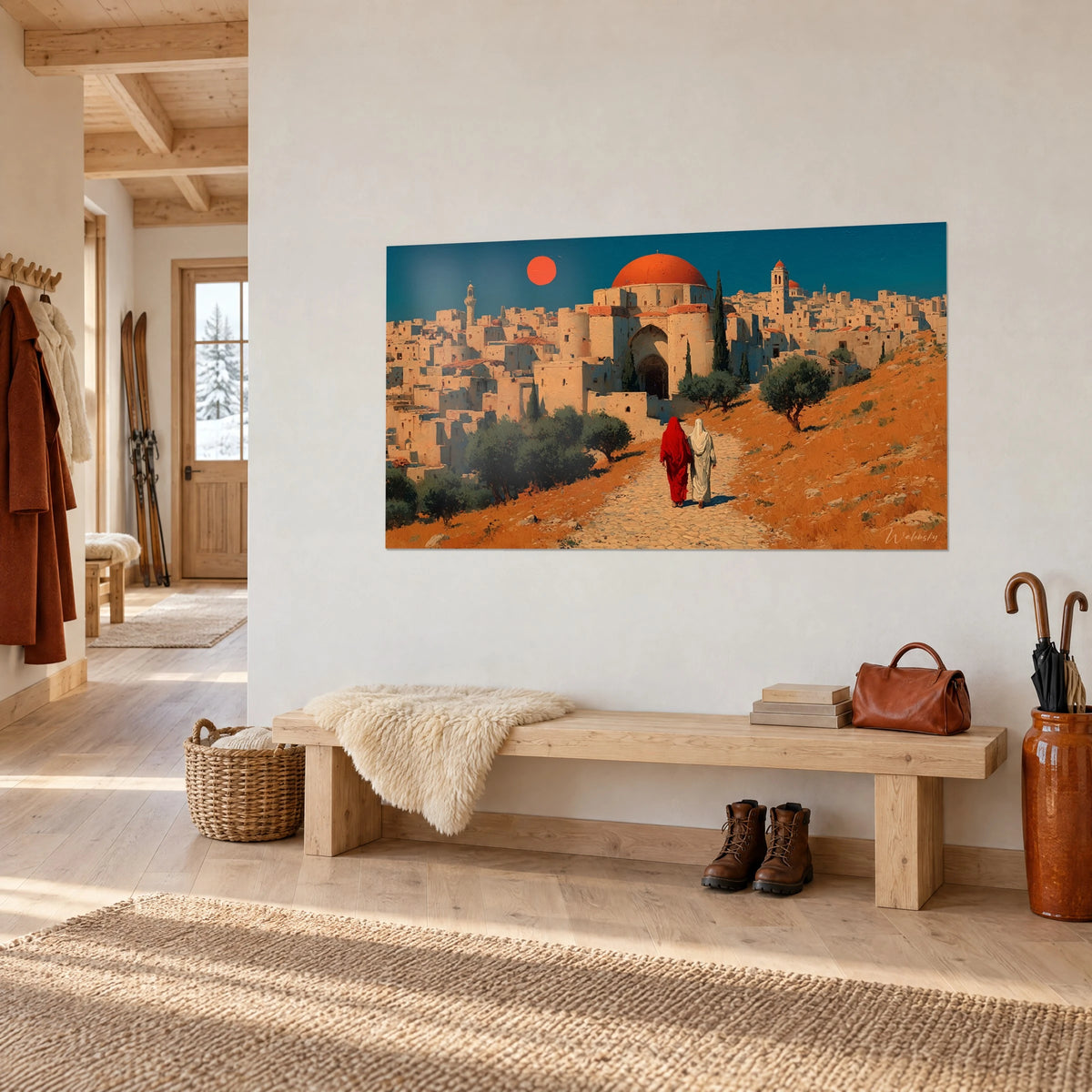 Quadro medina bianca arsa dal caldo, cupola color ruggine e cipressi scuri, sentiero di pietra ocra, appeso in un ingresso in legno chiaro di chalet