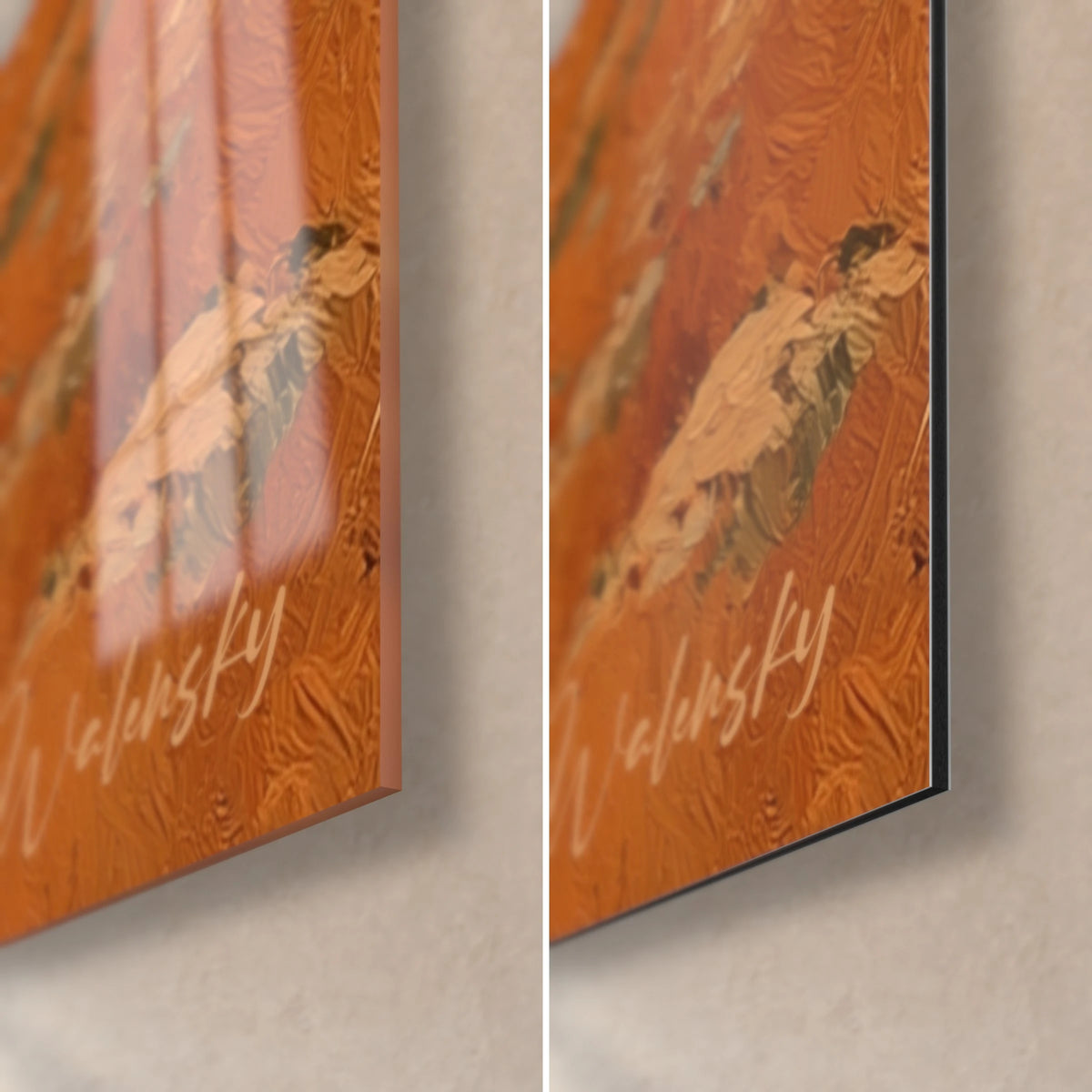 Quadro città orientale sotto un sole rosso, angolo in basso a destra in vetro acrilico lucido e alluminio Dibond opaco, ocra e arancio, spessore 3 mm