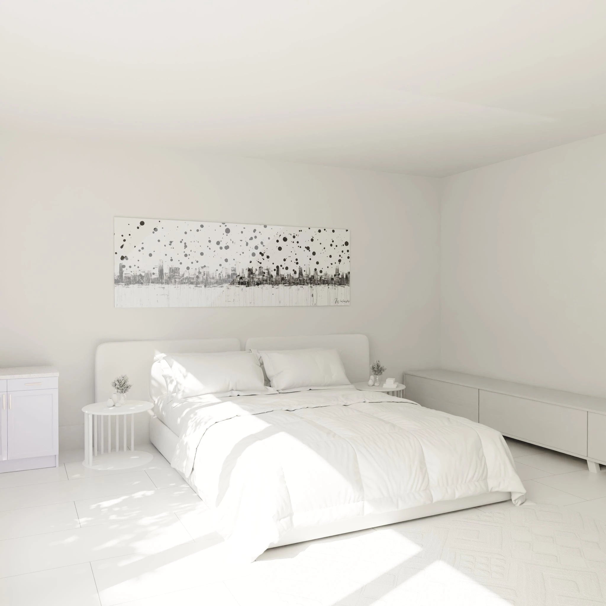 Tableau tacheté noir et blanc de Walensky décorant une chambre moderne et lumineuse