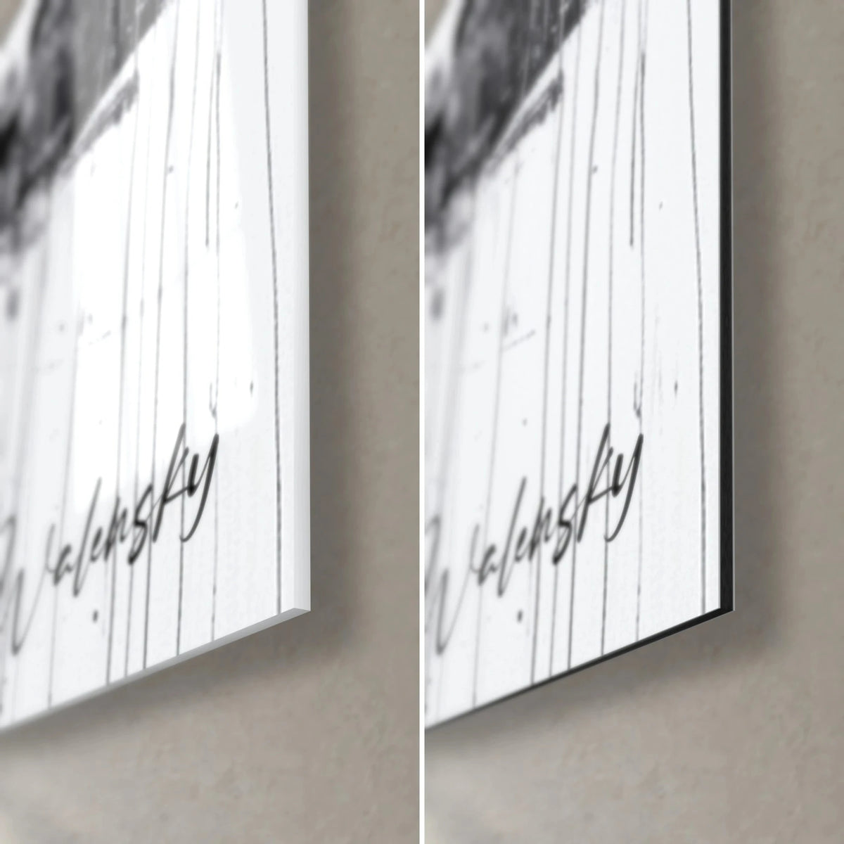 Wall art black and white weeping city, Walensky signature bottom right, glossy glass on the left, matte Dibond on the right, 3 mm thickness