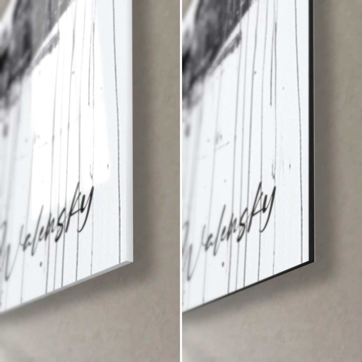 Gemälde schwarz-weiße weinende Stadt, Signatur Walensky unten rechts, glänzendes Glas links, mattes Dibond rechts, 3 mm Stärke