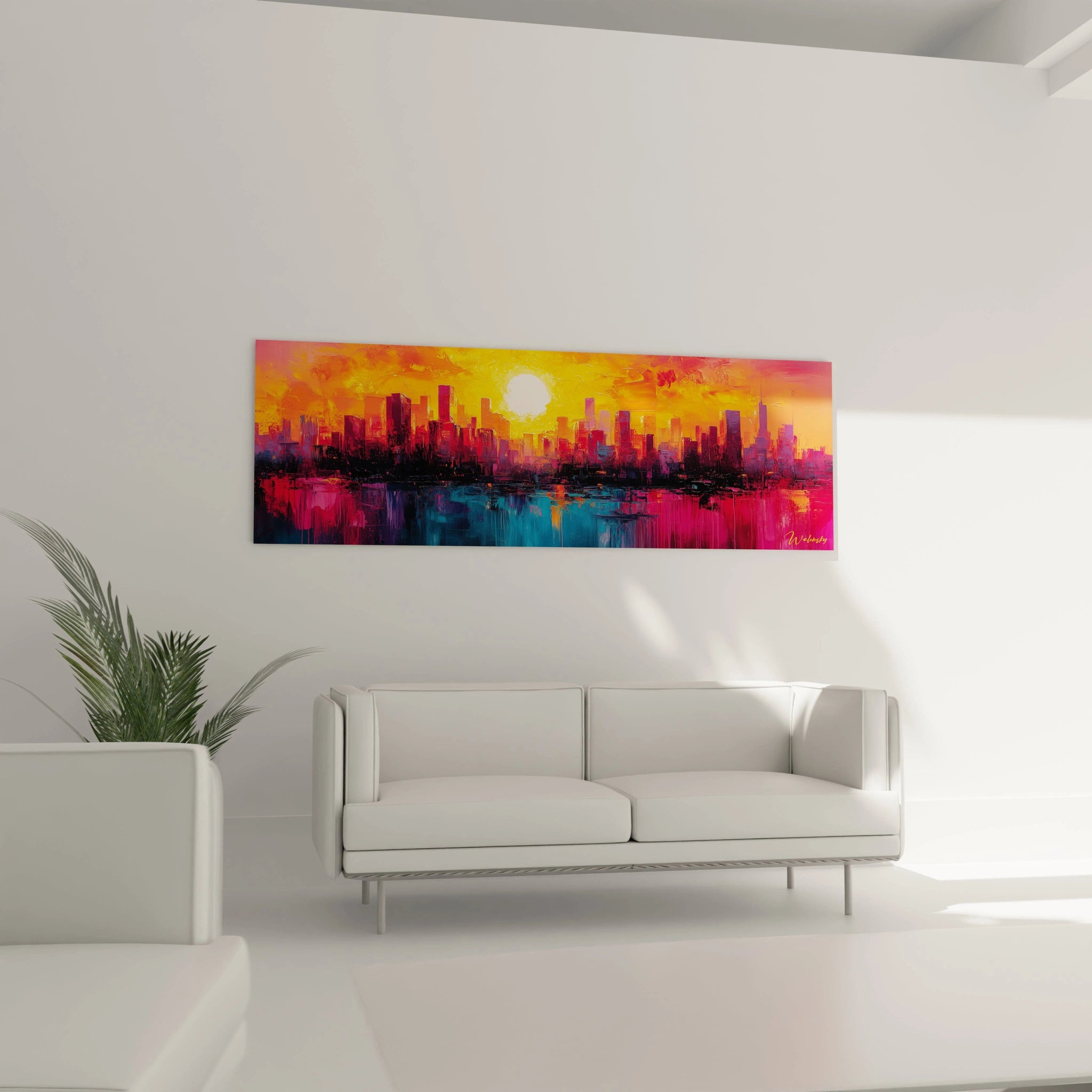 Tableau New York coloré au coucher de soleil suspendu au-dessus d'un canapé gris dans un salon moderne