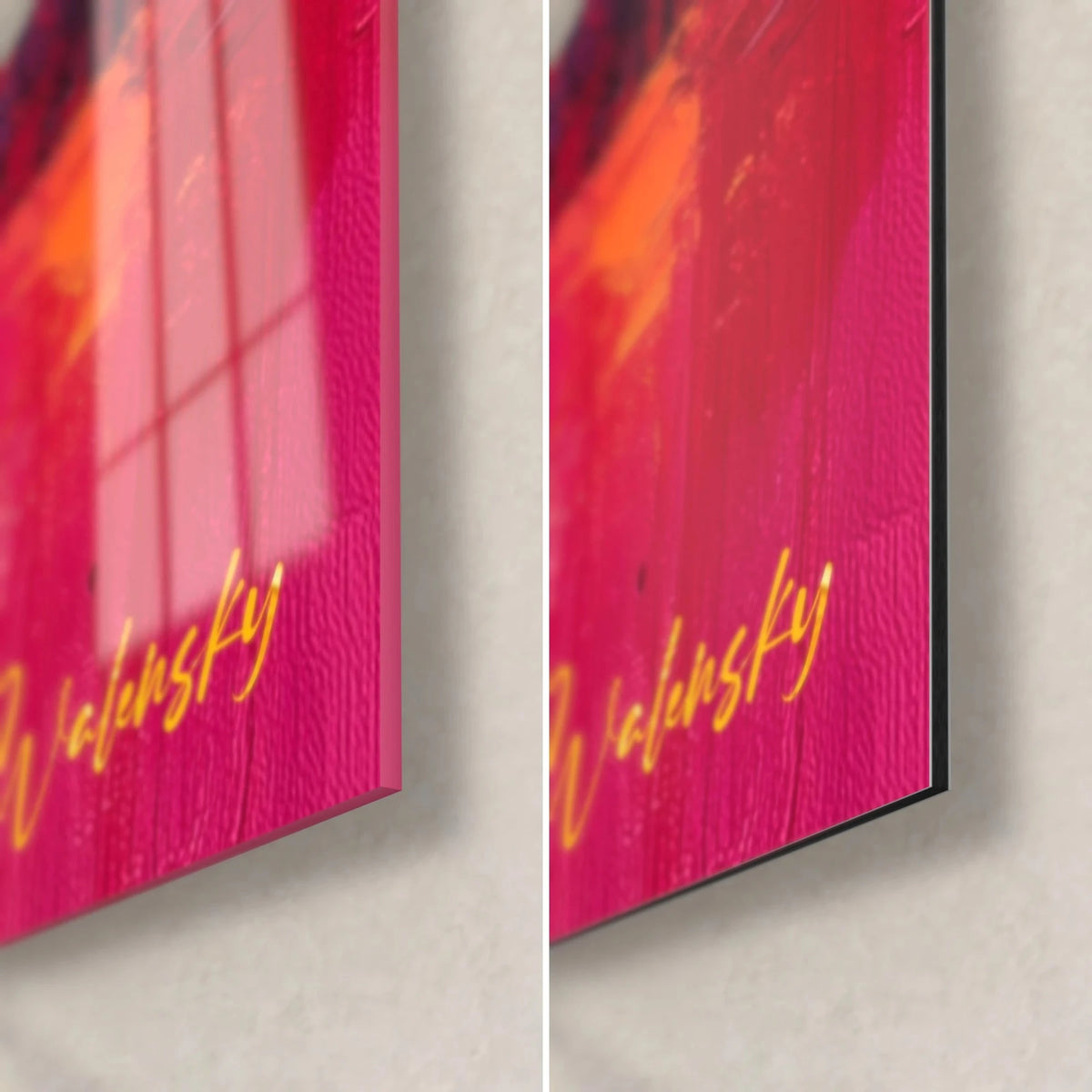 Wall art of a metropolis under a blazing sun, bottom right corner: glossy glass with reflections, matte Dibond aluminum, 3 mm edge, golden signature on pink