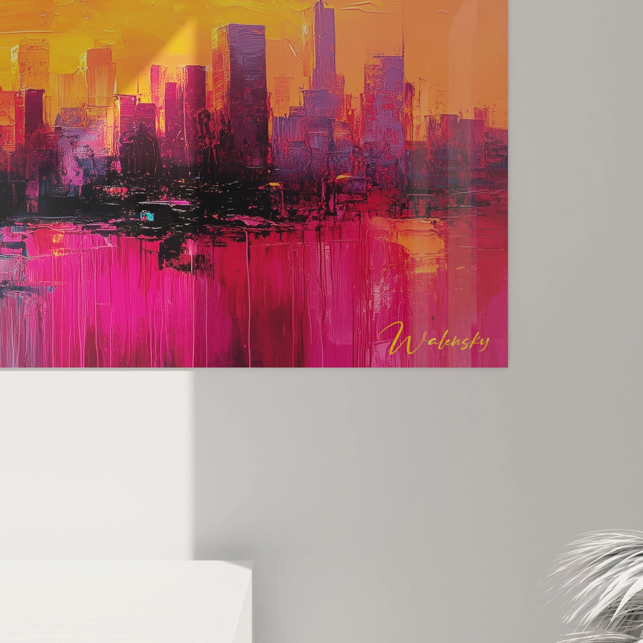 Tableau New York abstrait Walensky aux couleurs vives orange et rose pour décoration murale moderne