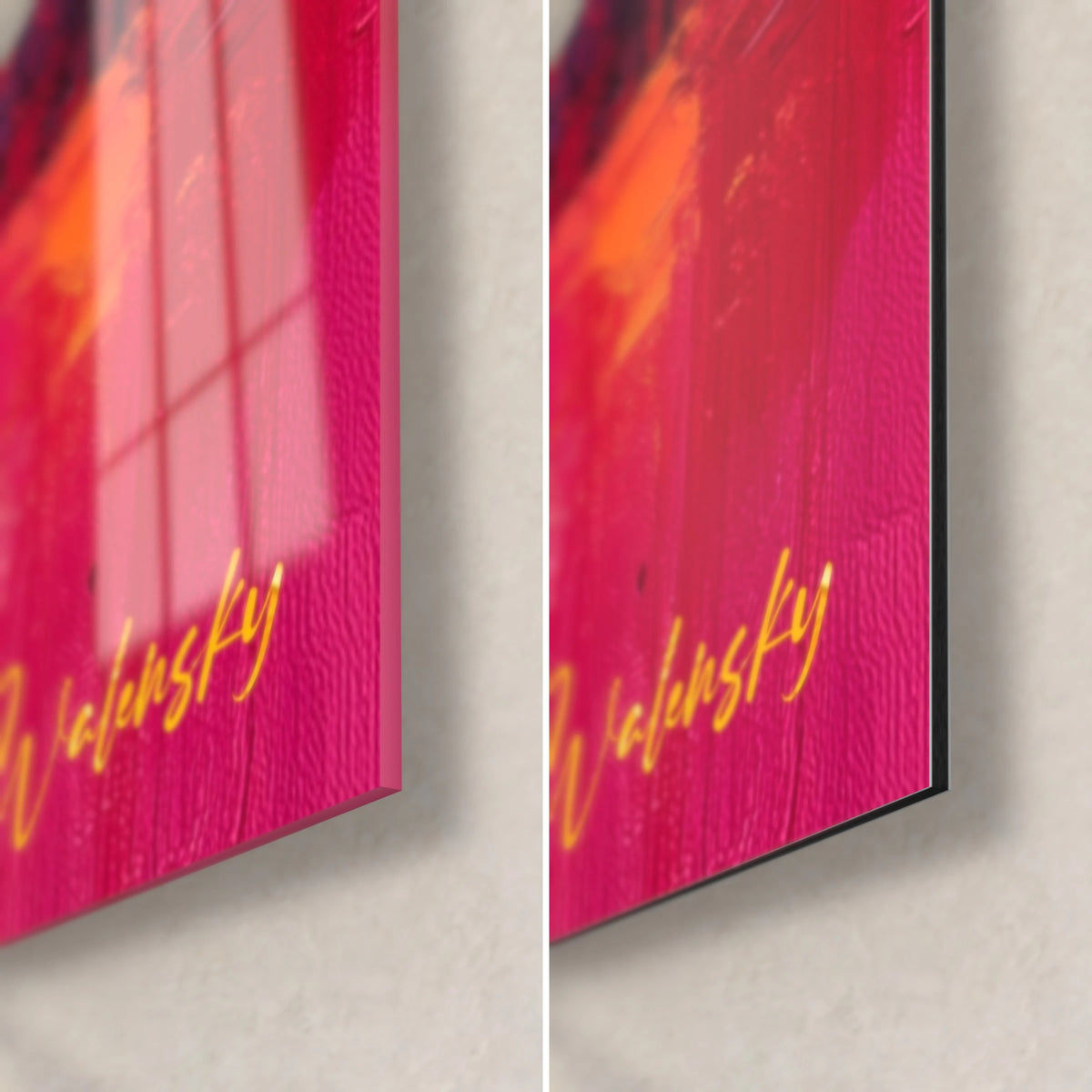 Cuadro de metrópolis bajo un sol ardiente, esquina inferior derecha: cristal brillante con reflejos, aluminio Dibond mate, canto de 3 mm, firma dorada sobre rosa