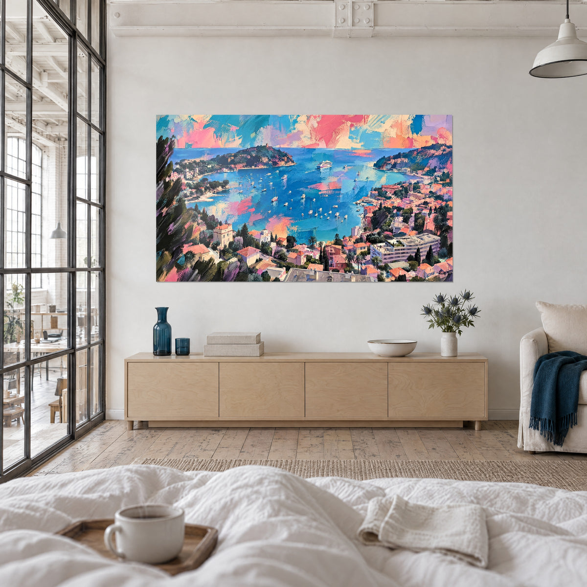 Schilderij van een kustlandschap met roze wolken en een wit cruiseschip op blauw water, boven een bed in een lichte slaapkamer