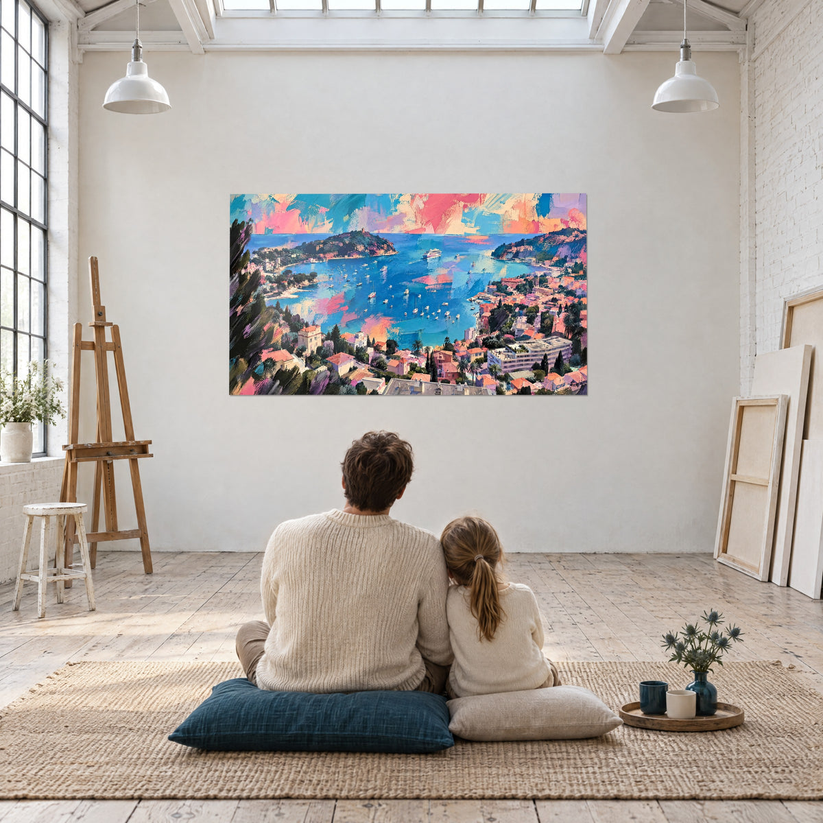 Schilderij met een vogelperspectief op een blauw-roze haven, beboste schiereiland op de achtergrond, bekeken door een stel dat met de ruggen naar de kijker op de grond zit