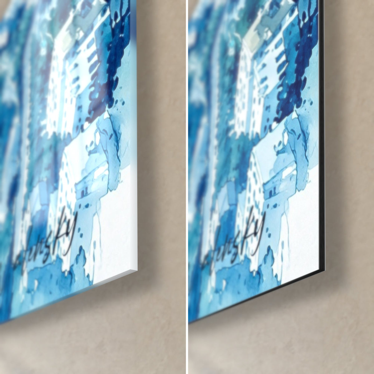 Gemälde mit Segelbooten und Häusern in blauem und weißem Aquarell, untere rechte Ecke: glänzendes Glas links, mattes Dibond rechts, 3 mm Kante