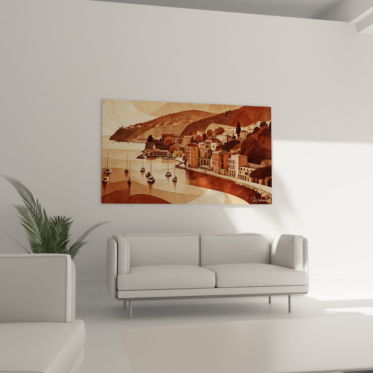 Port provençal aux nuances ocre et sable, au-dessus d'un canapé dans un salon lumineux