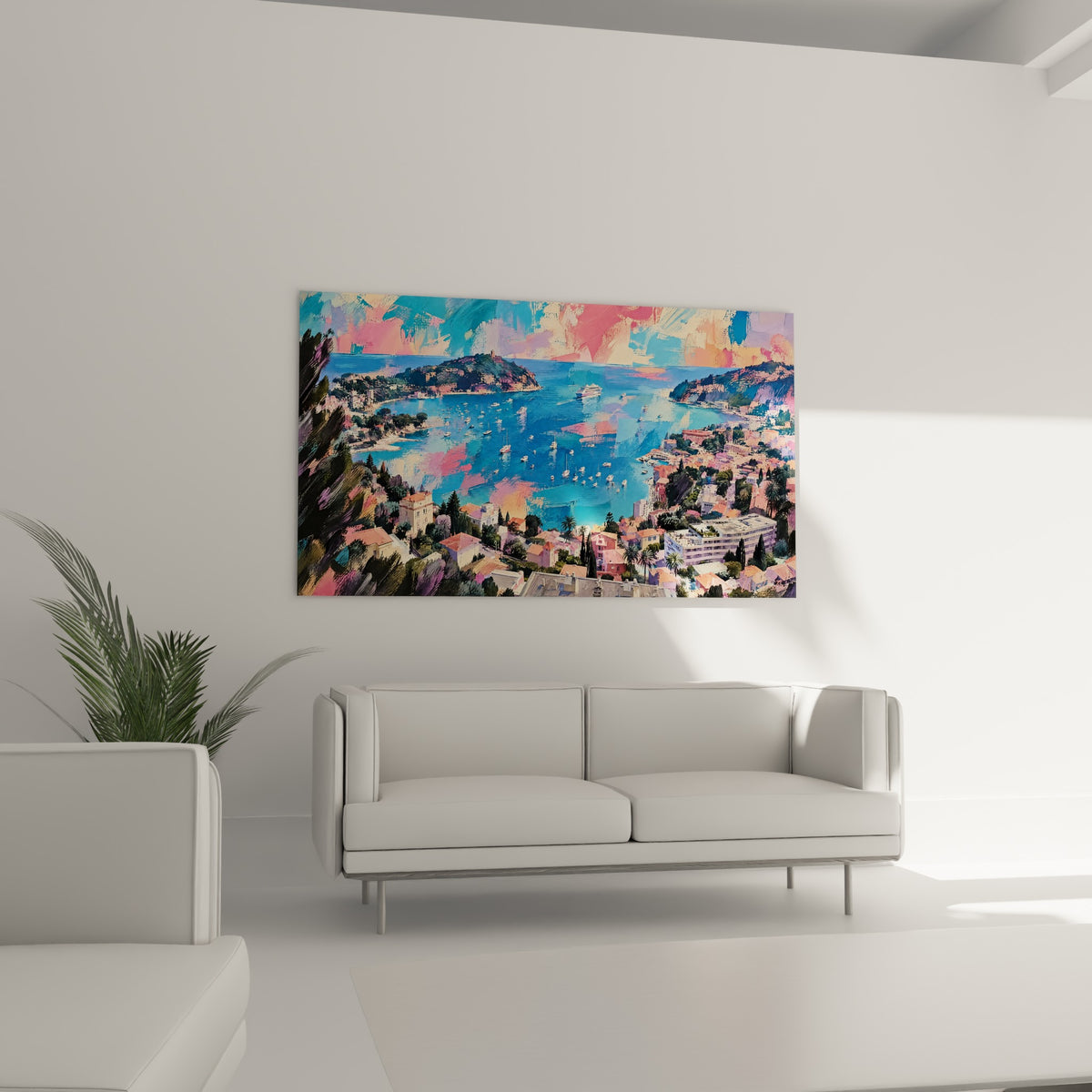 Villefranche-sur-Mer rose pastel et bleu marine accrochée au-dessus d'un canapé dans un salon lumineux